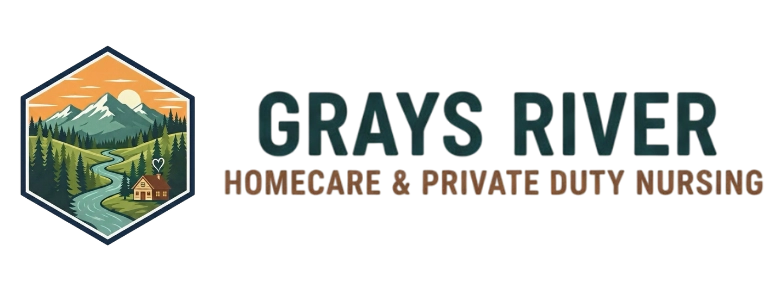 Logo with a river, trees, mountains, a cabin, sun, and text Grays River Homecare & Private Duty Nursing.