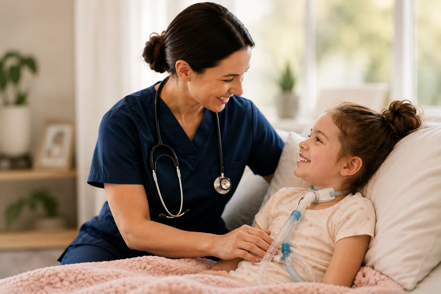 Smiling nurse in scrubs cares for girl with a tracheostomy lying in bed at home.