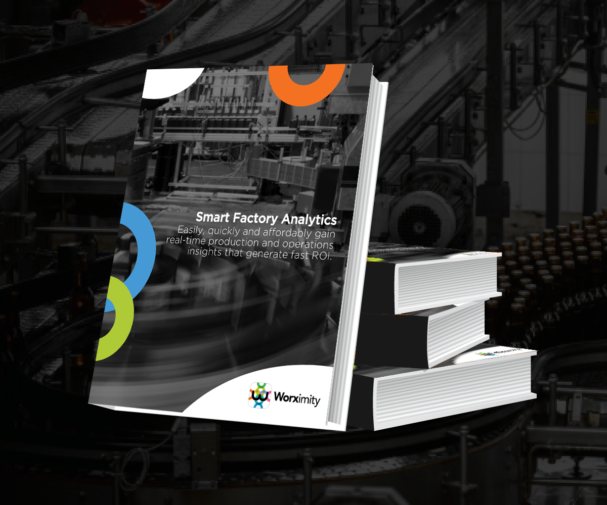 Stack of books with cover titled Smart Factory Analytics by Worximity featuring factory machinery background.