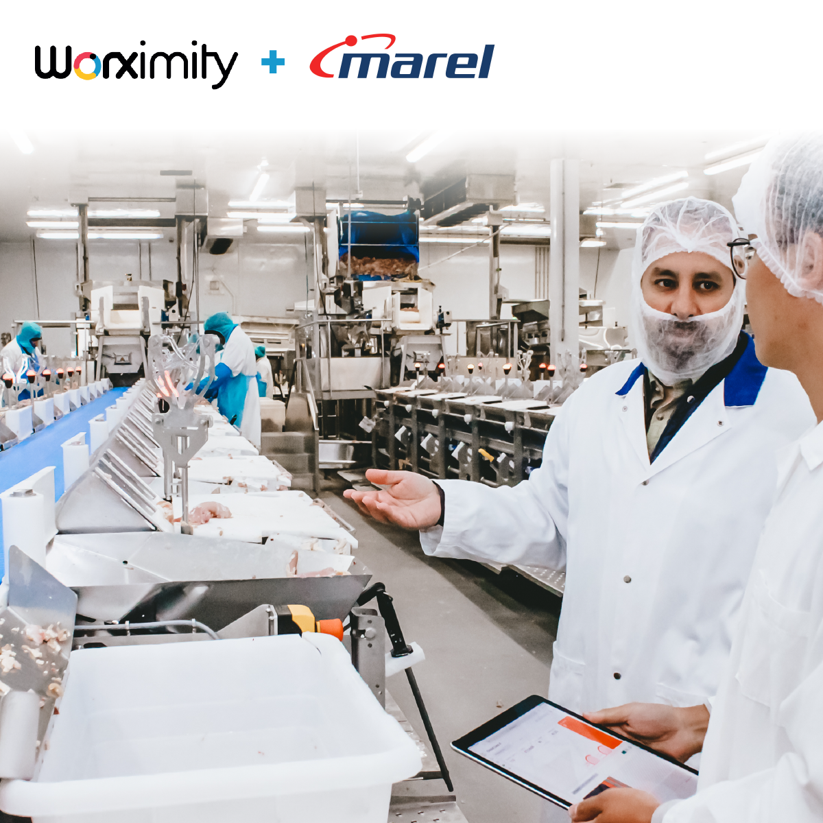 Two workers in protective gear inspecting a food processing line in a factory setting.