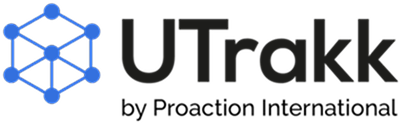 UTRakk logo with a blue geometric hexagon icon connected by dots.