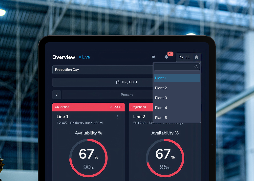 Dashboard screen showing production overview for Plant 1 on October 1 with two lines labeled Line 1 and Line 2. Both lines have 67% availability with circular progress indicators and red 'Unjustified' status bars with a timer on Line 1.