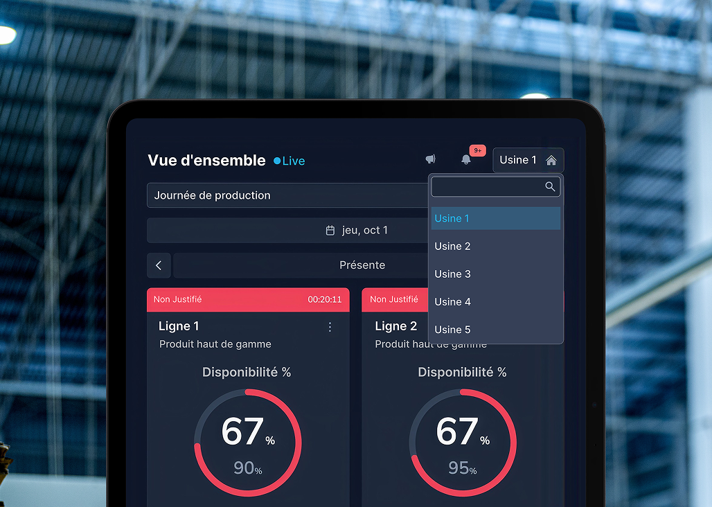 Vue d'ensemble Worximity sur tablette, avec sélection de l'usine et disponibilité des lignes.