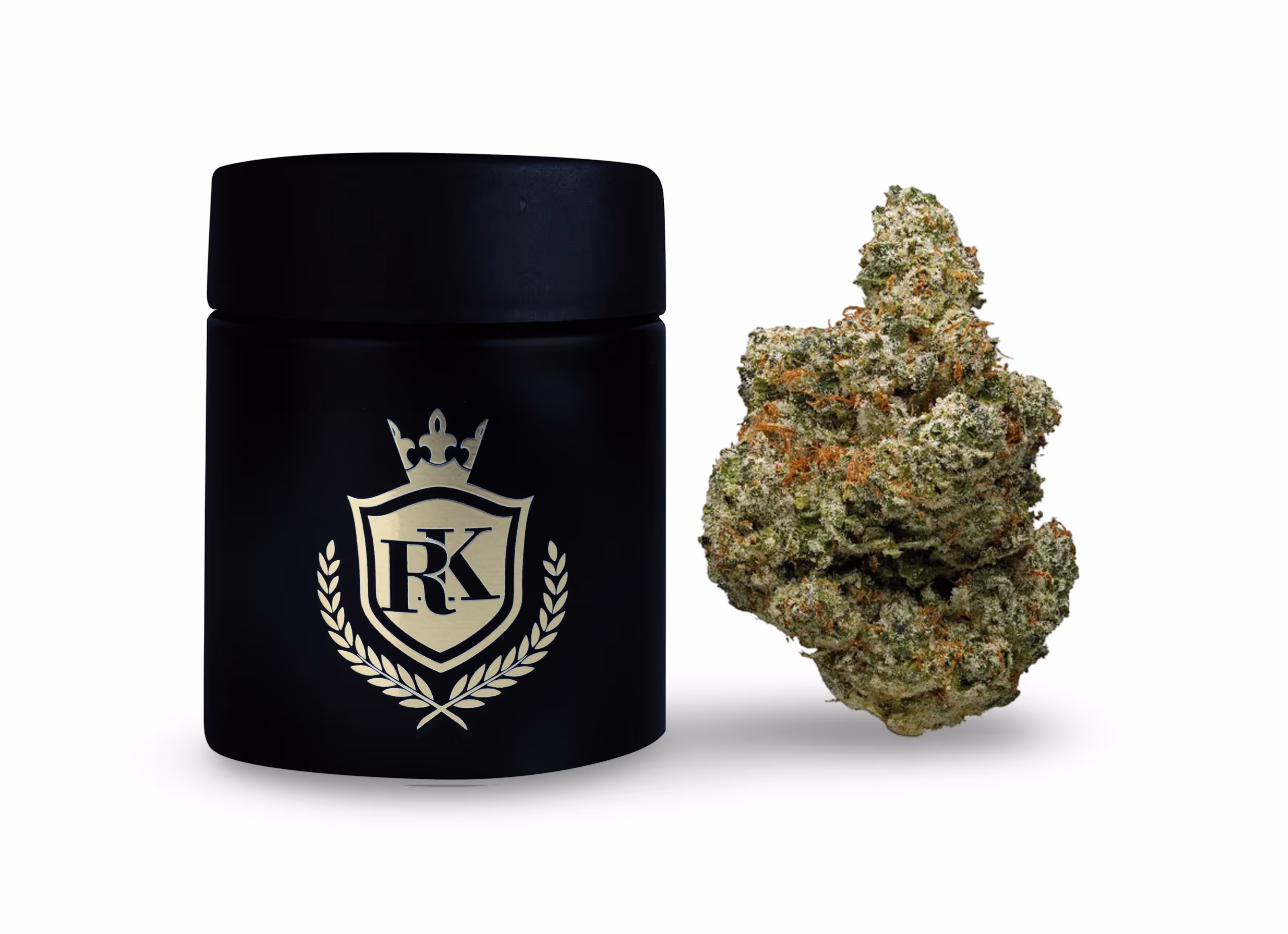 Black container with gold RK crest logo next to a green cannabis bud with orange hairs.