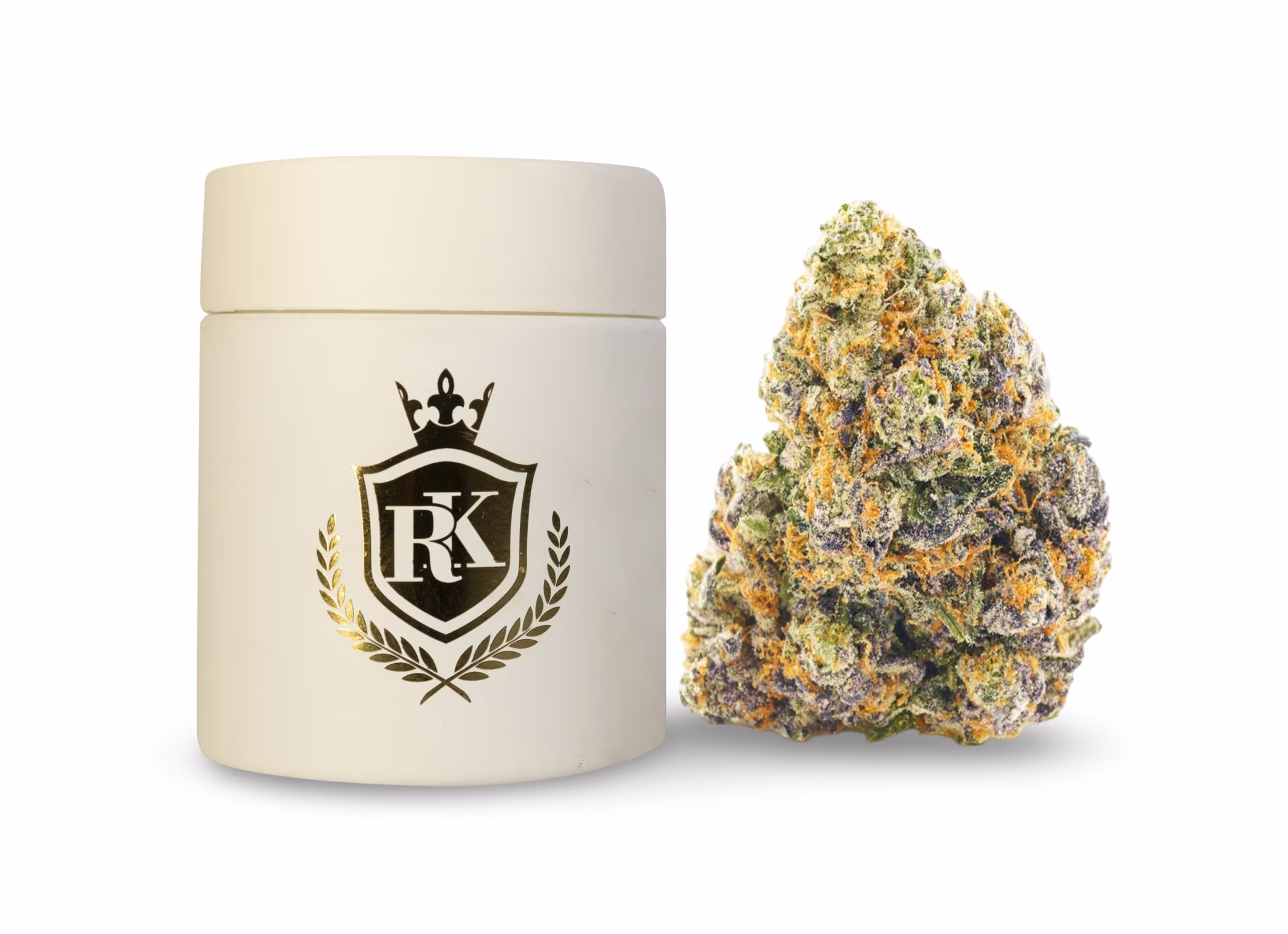 White container with RK logo next to a dense, multicolored cannabis bud with purple and orange hues.