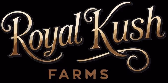Royal Kush Farms logo with cursive brown to beige gradient text on transparent background.