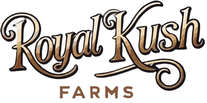 Royal Kush Farms wordmark logo with elegant gradient brown lettering on transparent background.