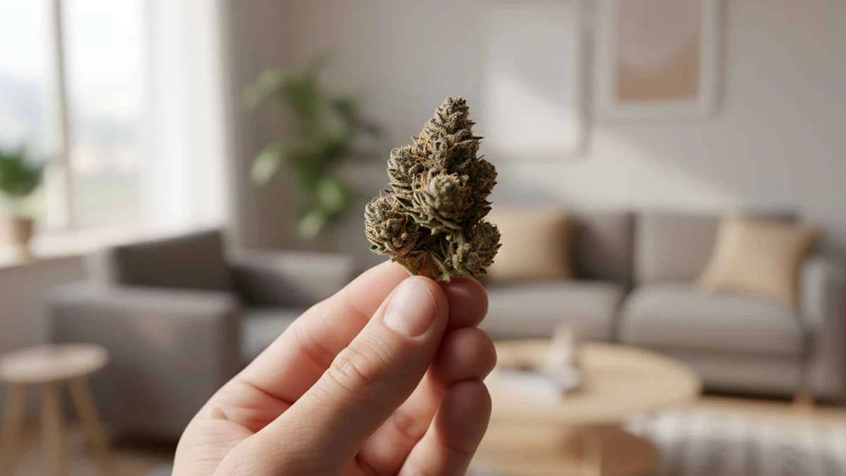 White container with a black and gold RK crest beside a frosty cannabis bud with orange hairs.