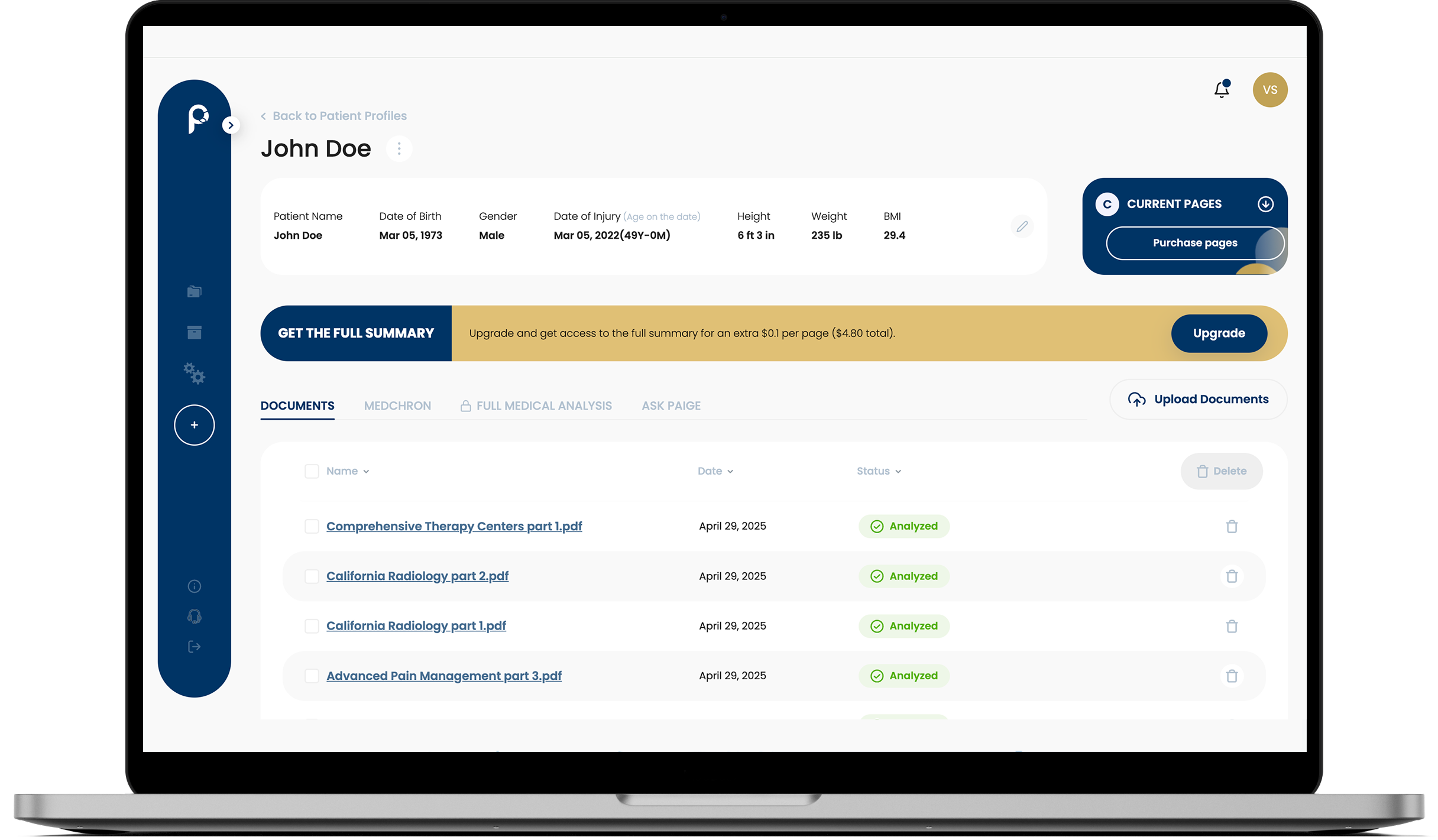 Advanced medical record processing dashboard with AI analysis of clinical documents and patient data