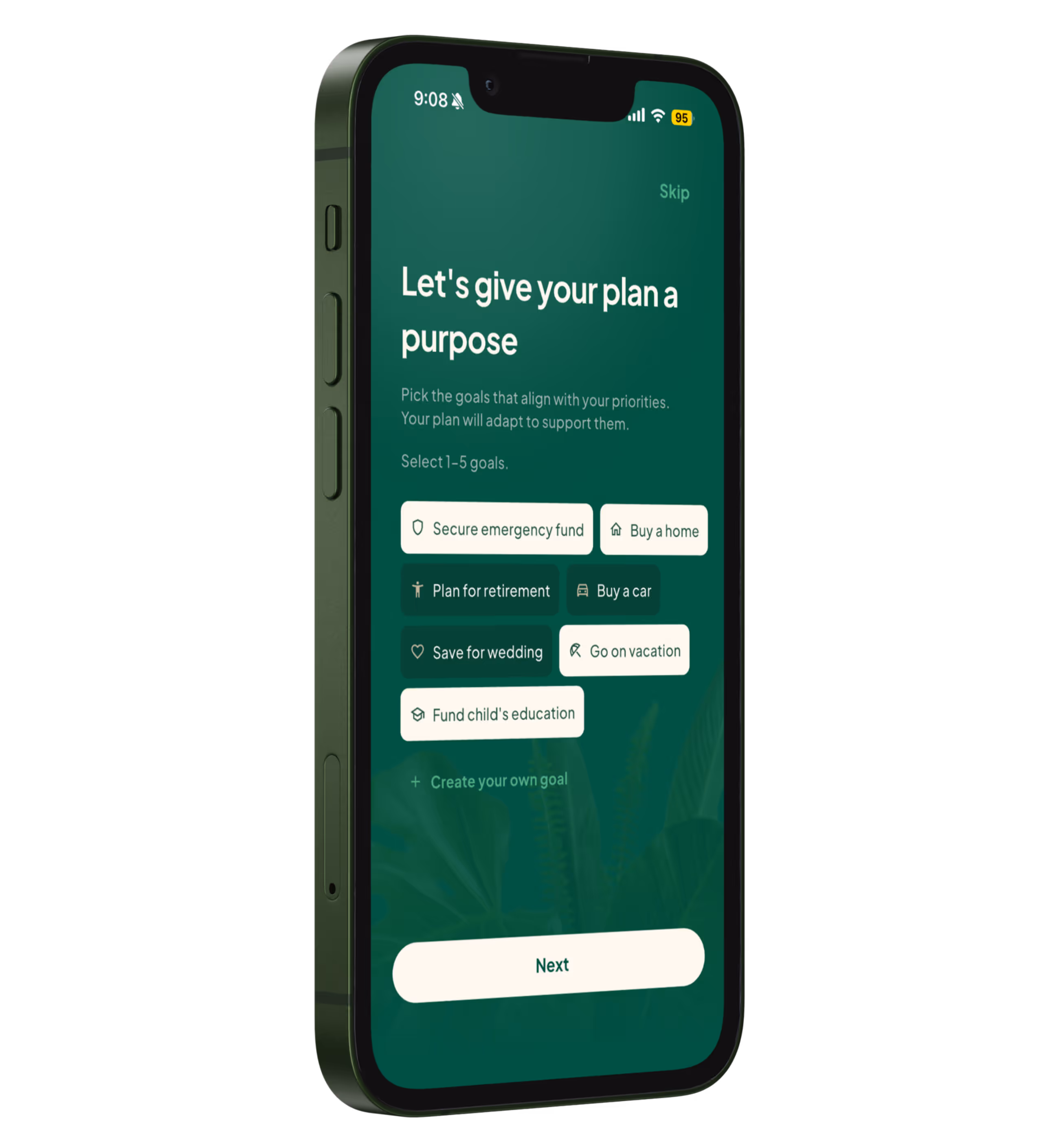 3D smartphone mockup showing Arki mobile app financial planning and goal setting dashboard.