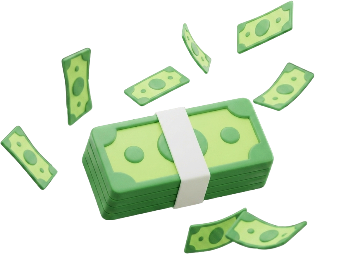 3D illustration of a stack of green cash and floating bills for the Arki home page hero.