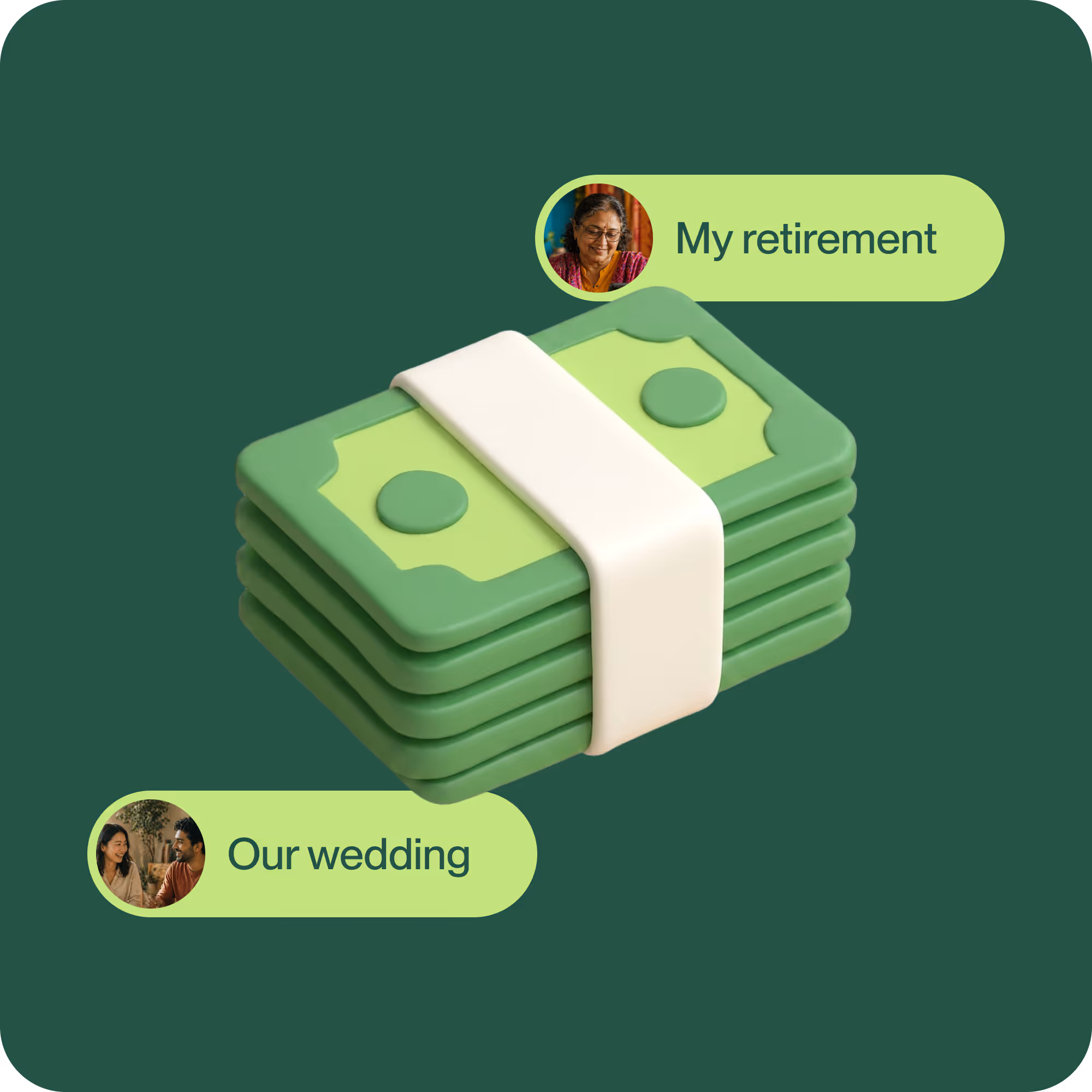 3D illustration of a stack of green cash bills for short-term everyday needs and emergencies.