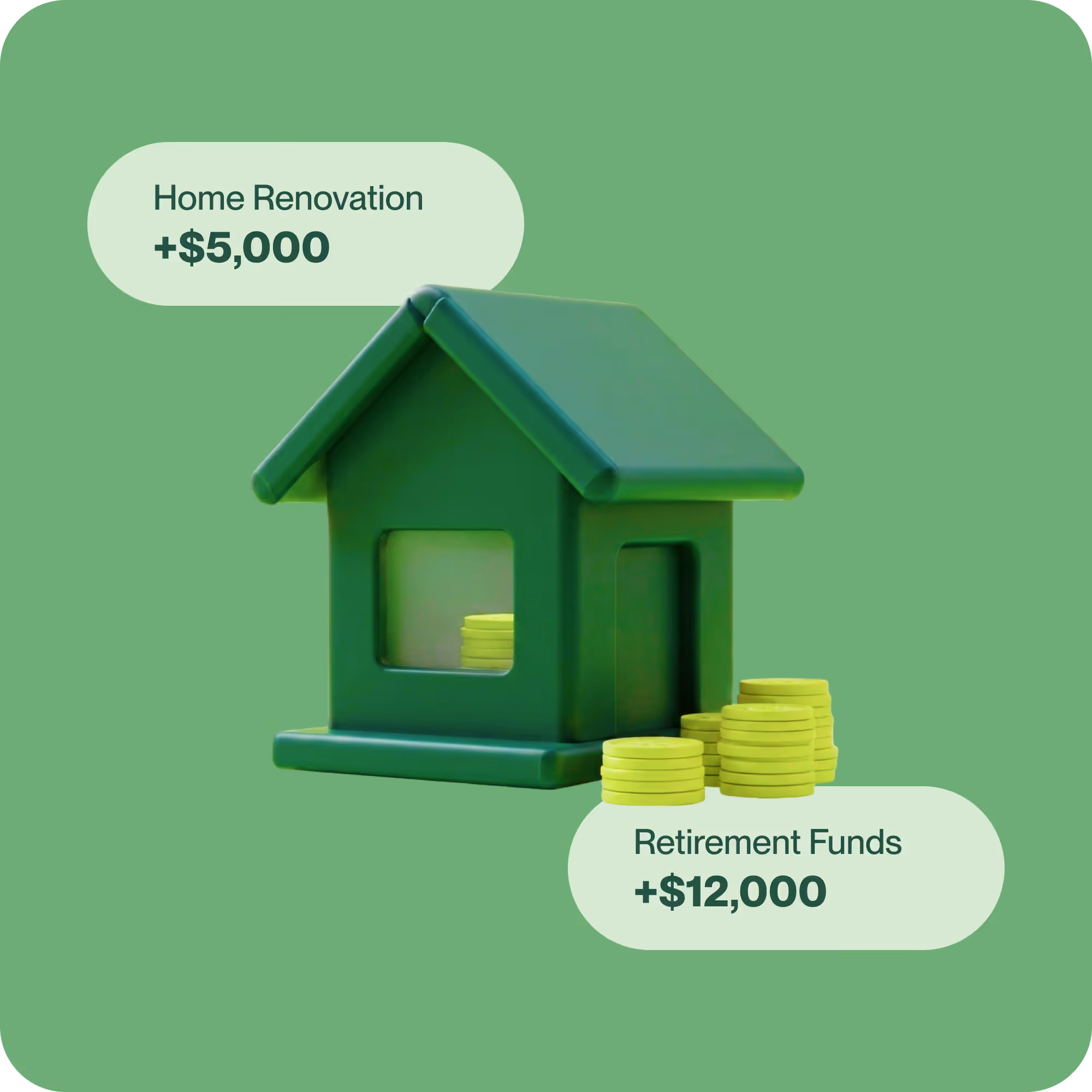 3D green house illustration with stacks of gold coins representing long-term growth and wealth building.