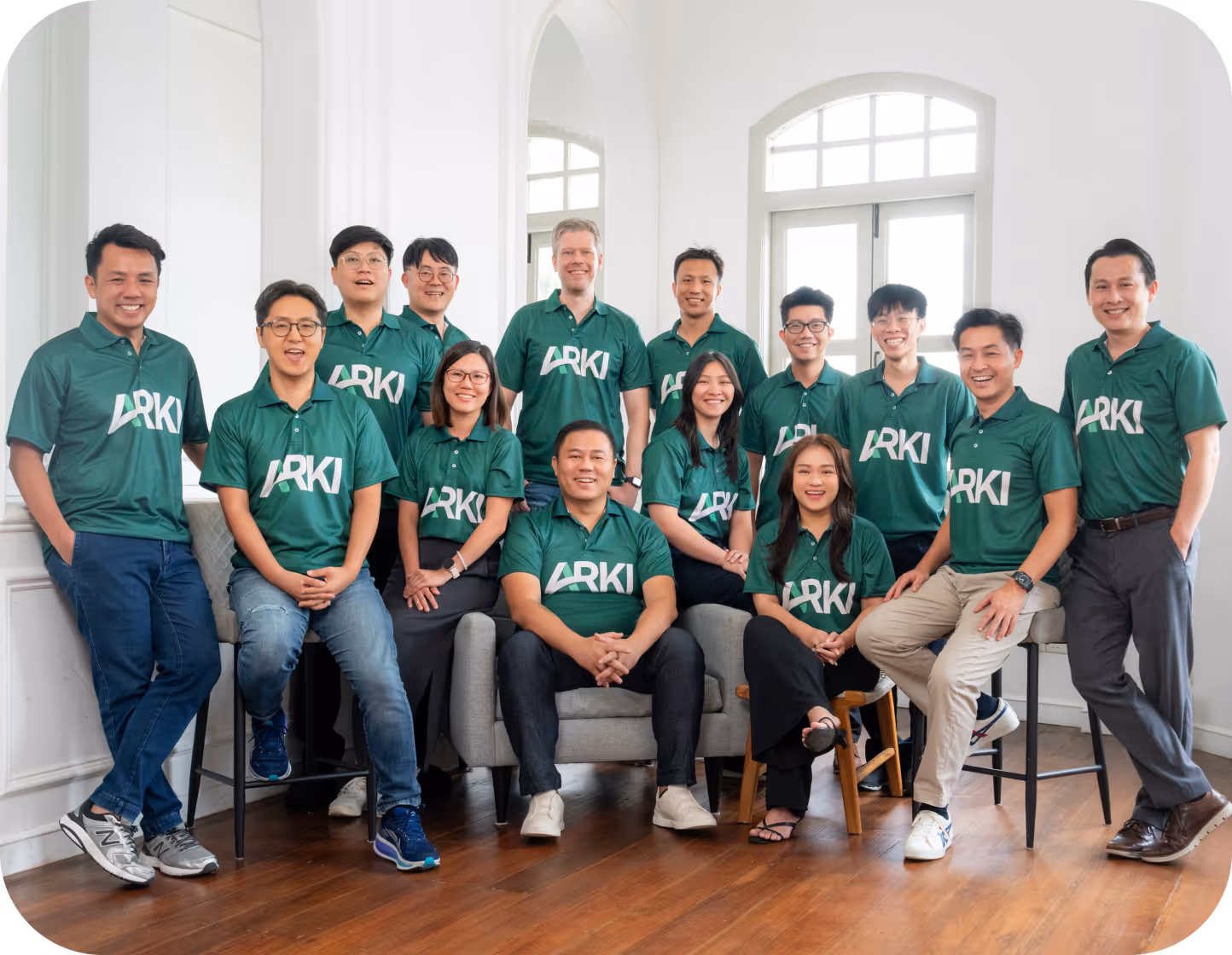 Arki Finance official core company team group photograph standing together.