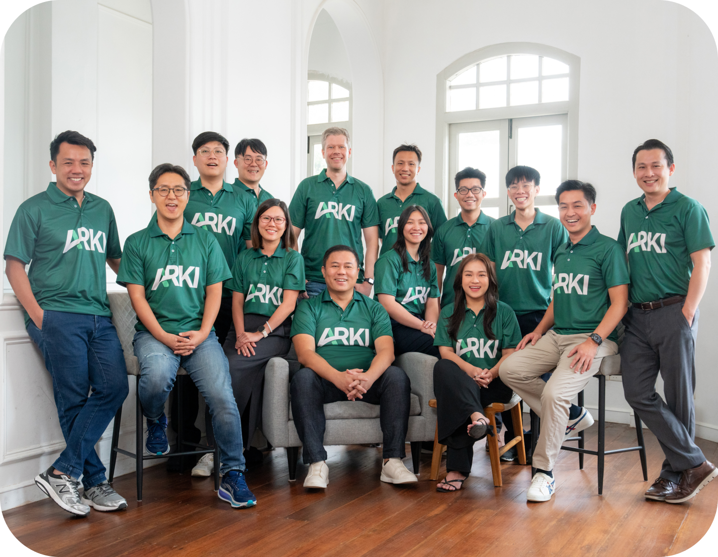 Arki Finance official core company team group photograph standing together.