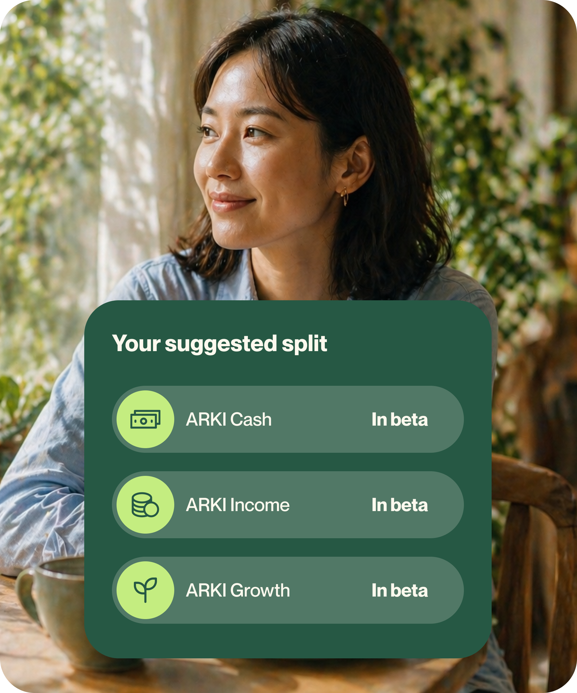 Young woman with Arki suggested portfolio split plan overlay.
