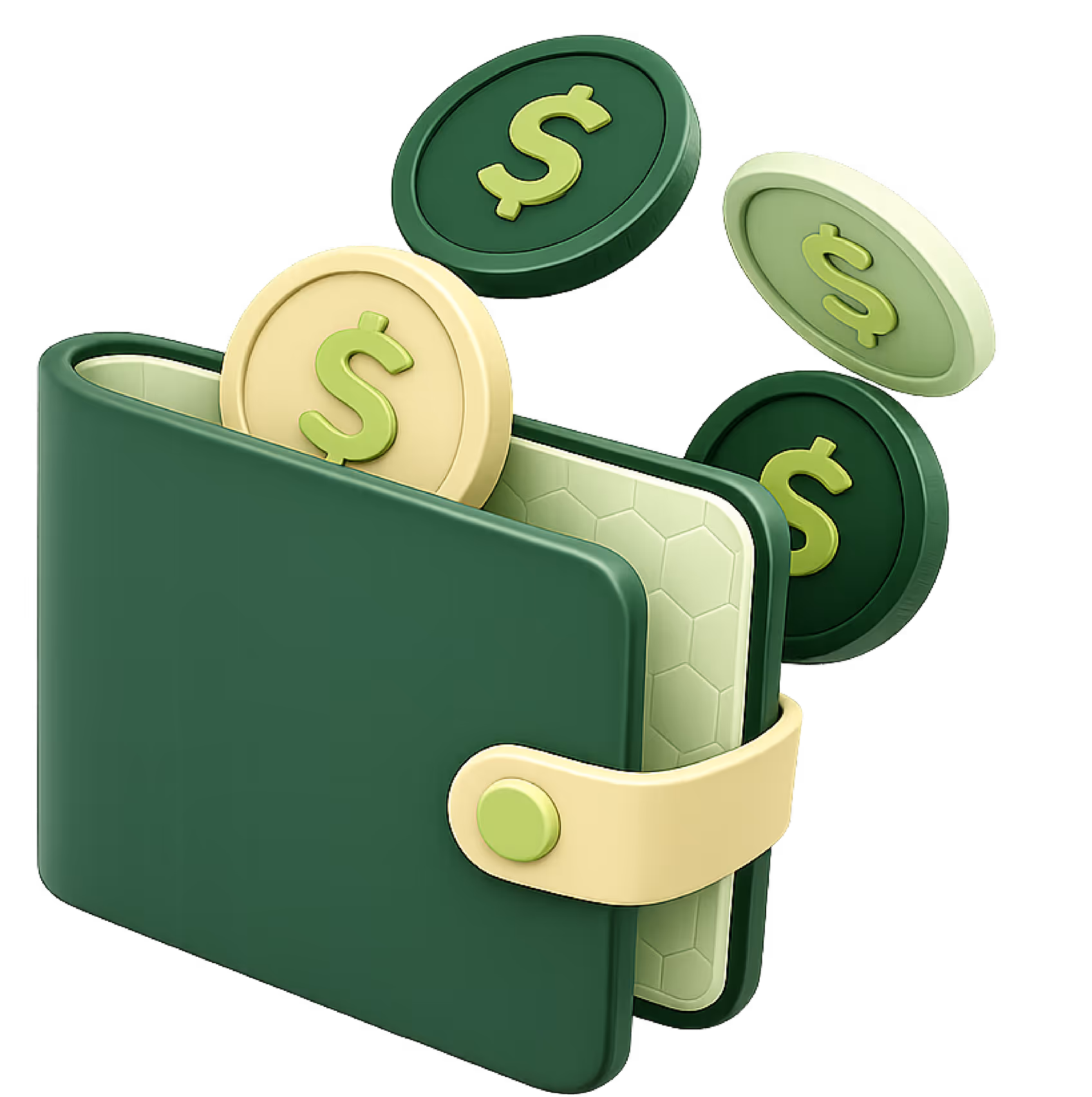 3D green digital wallet illustration with floating dollar coins representing finance and wealth management