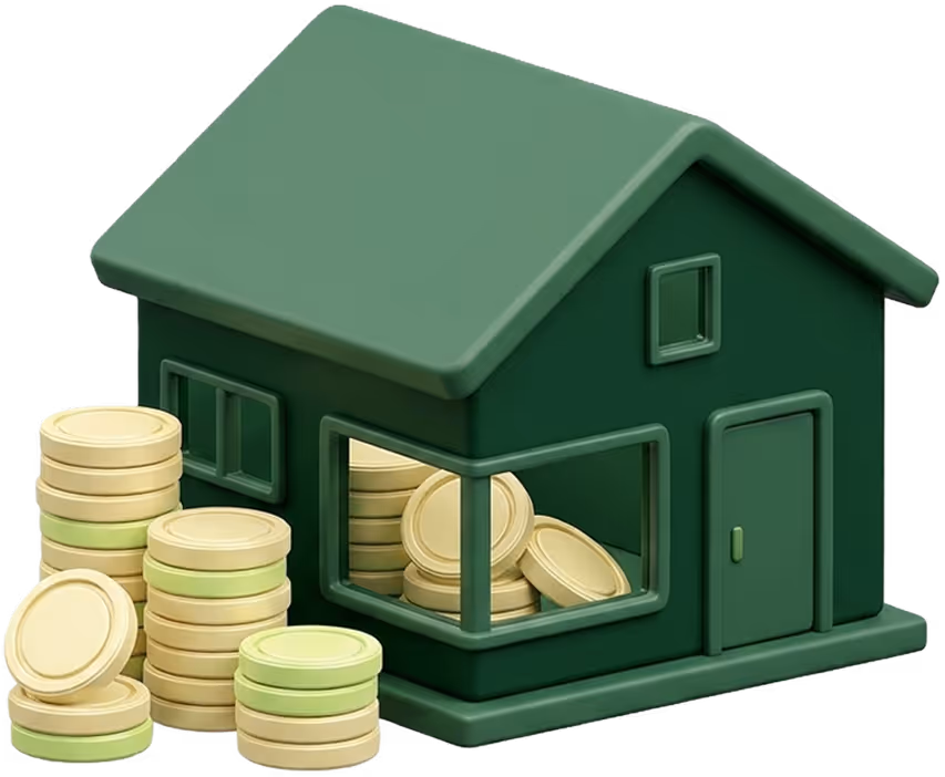 3D green house illustration with gold coin stacks representing long-term wealth growth and property goals.