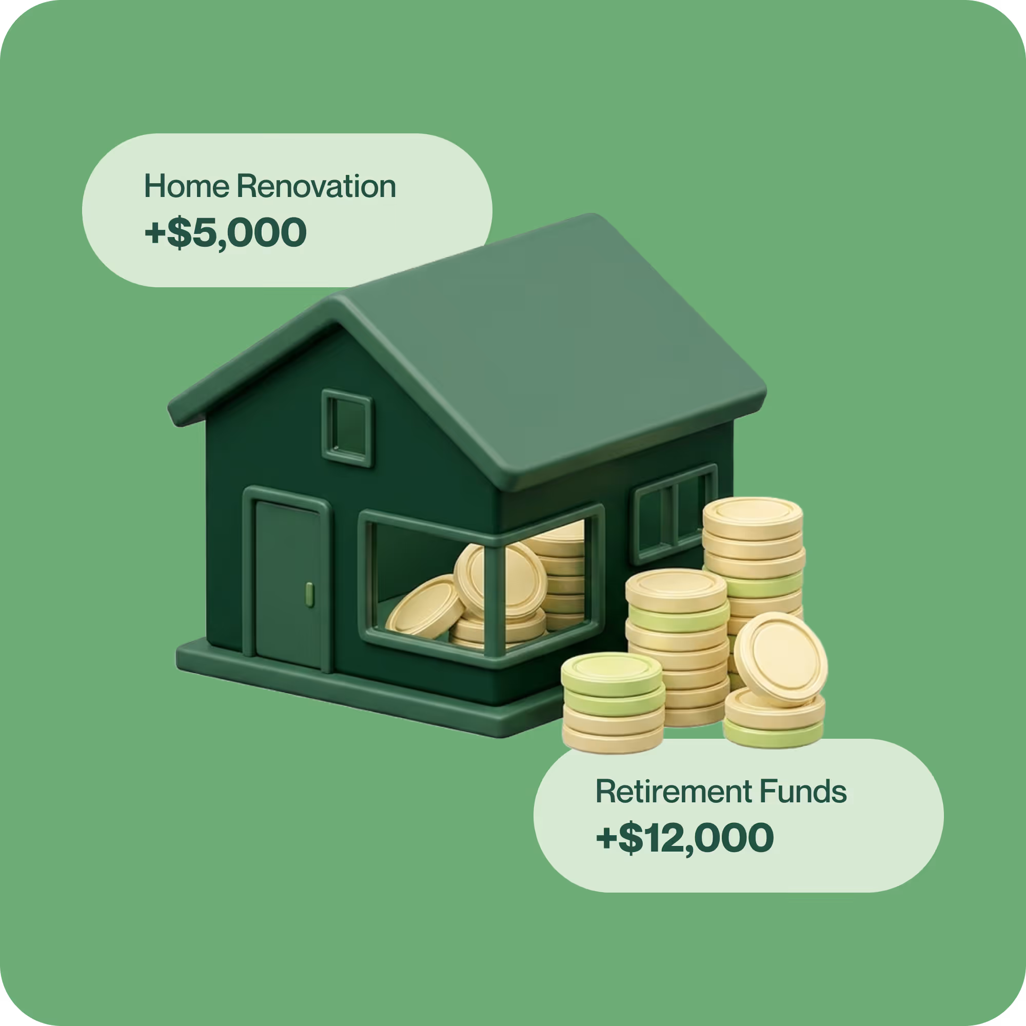3D green house illustration with stacks of gold coins representing long-term growth and wealth building.
