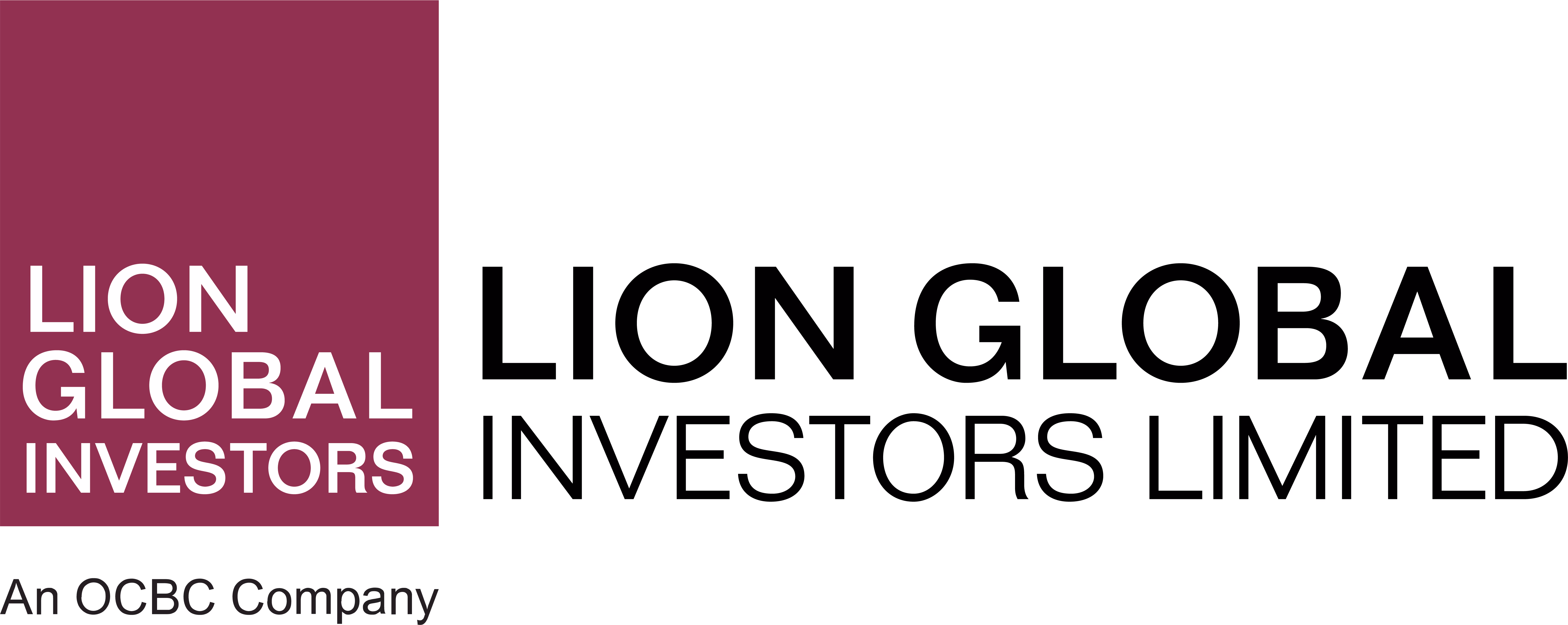 Lion Global Investors text logo in white on maroon background with tagline An OCBC Company.