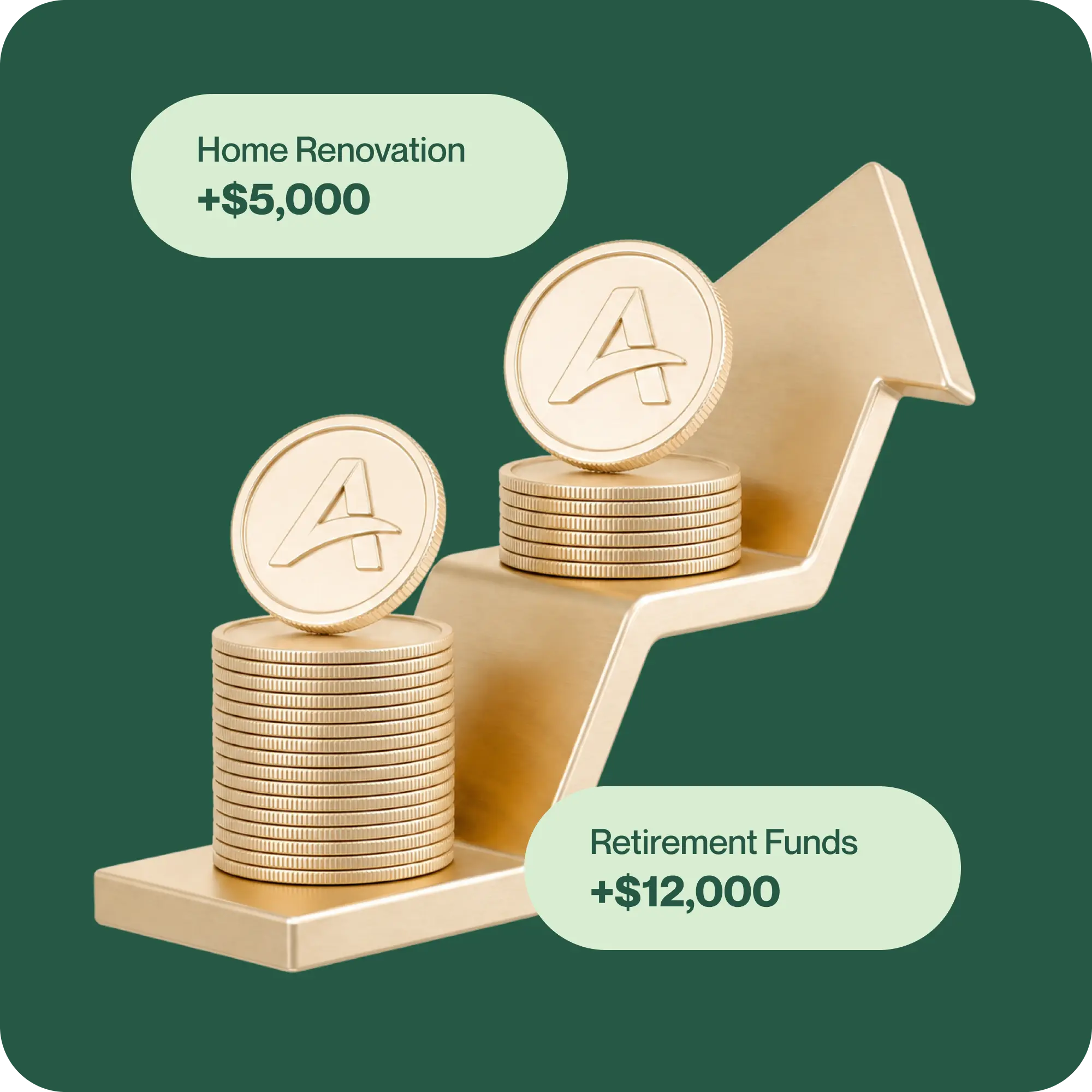3D green house illustration with stacks of gold coins representing long-term growth and wealth building.