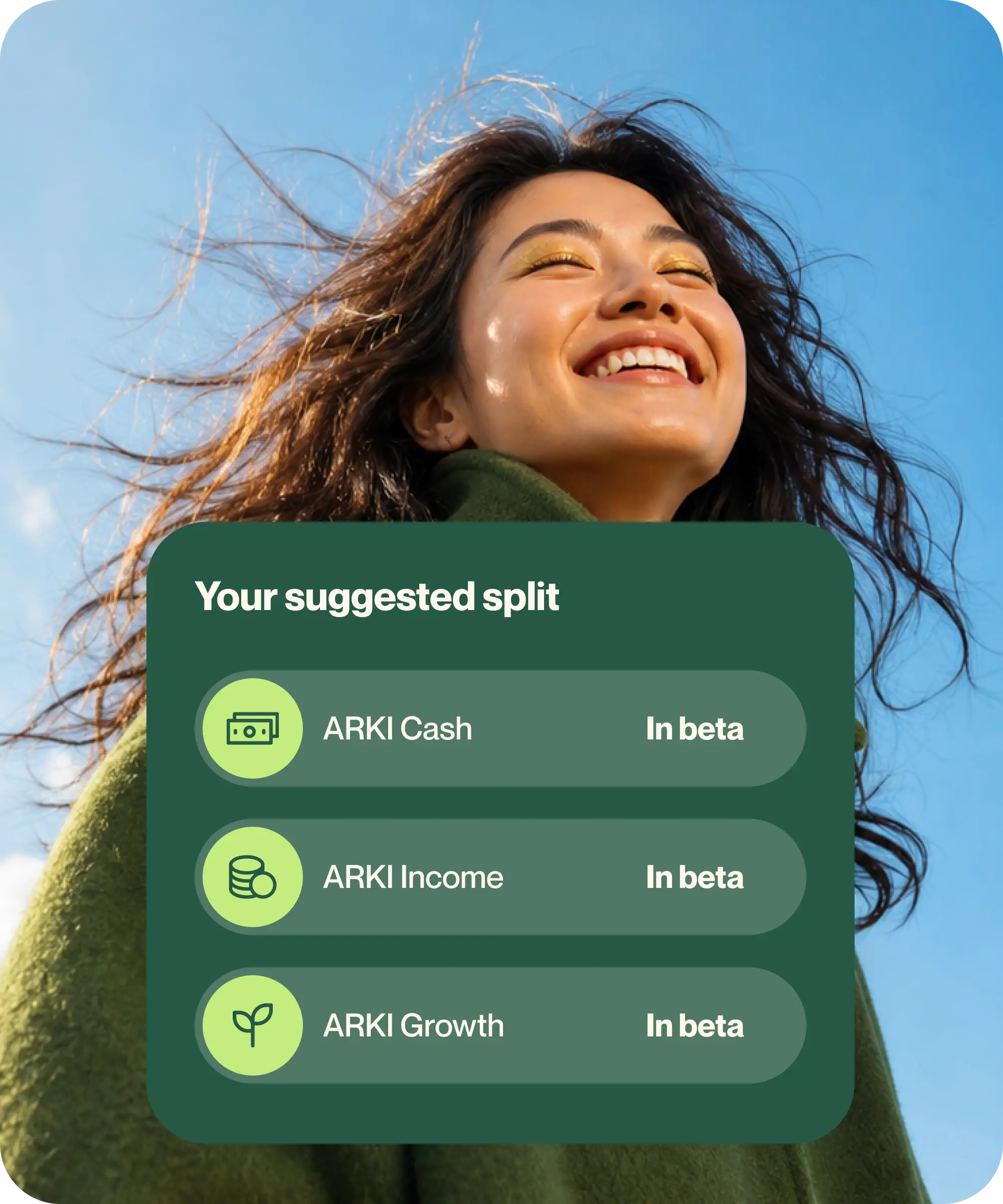 Young woman with Arki suggested portfolio split plan overlay.