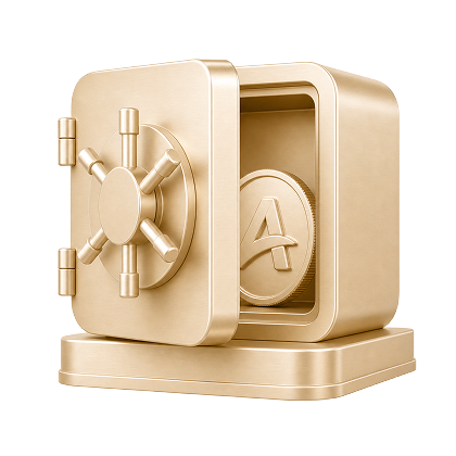 Gold-colored safe vault with its door open, revealing a gold coin inside engraved with the letter A.