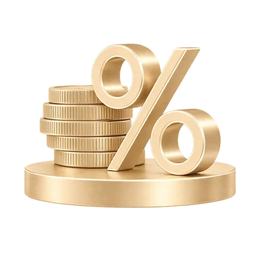 Stacked gold coins beside a gold percent sign