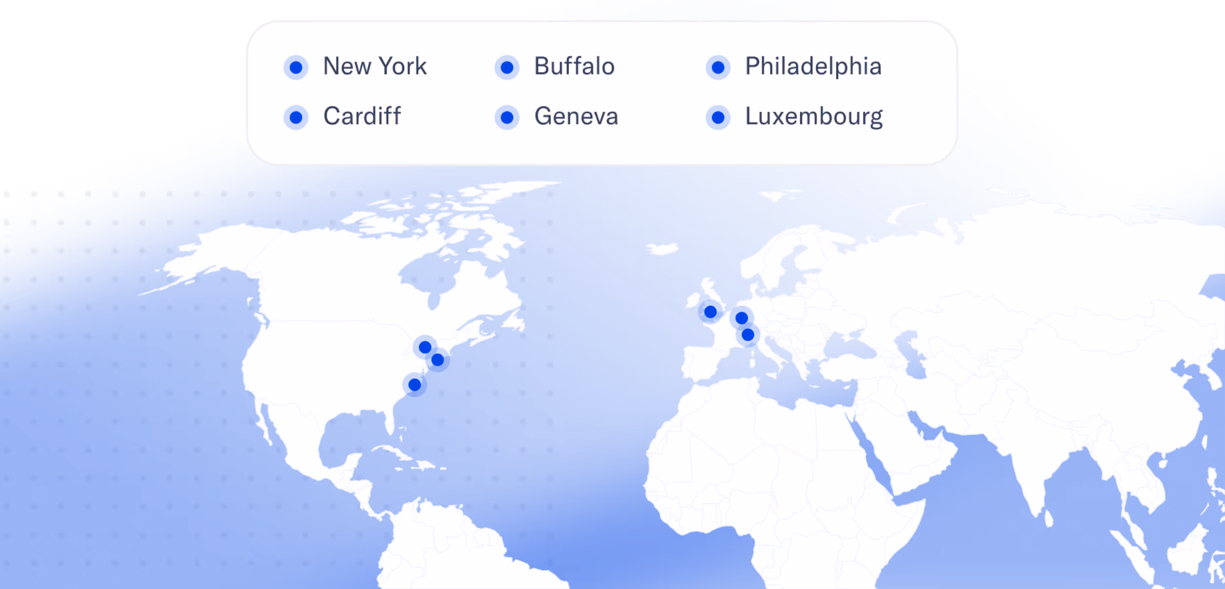 World map with blue location markers on New York, Buffalo, Philadelphia, Cardiff, Geneva, and Luxembourg with a legend listing these cities in three columns.