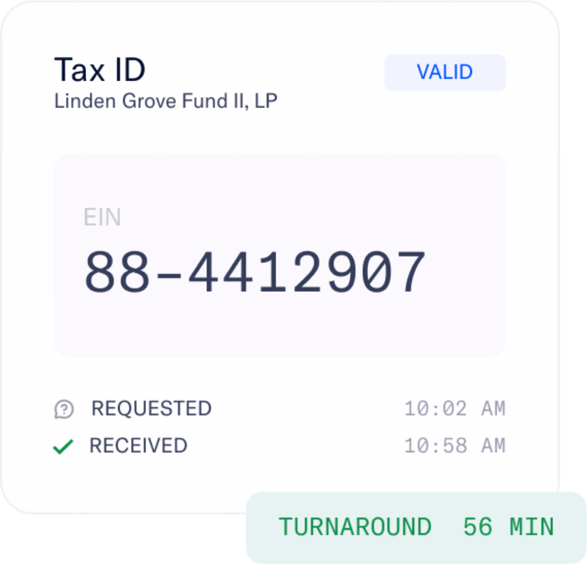 Tax ID information for Linden Grove Fund II, LP showing EIN number 88-4412907 marked as valid, with request time at 10:02 AM and received time at 10:58 AM, and a turnaround time of 56 minutes.