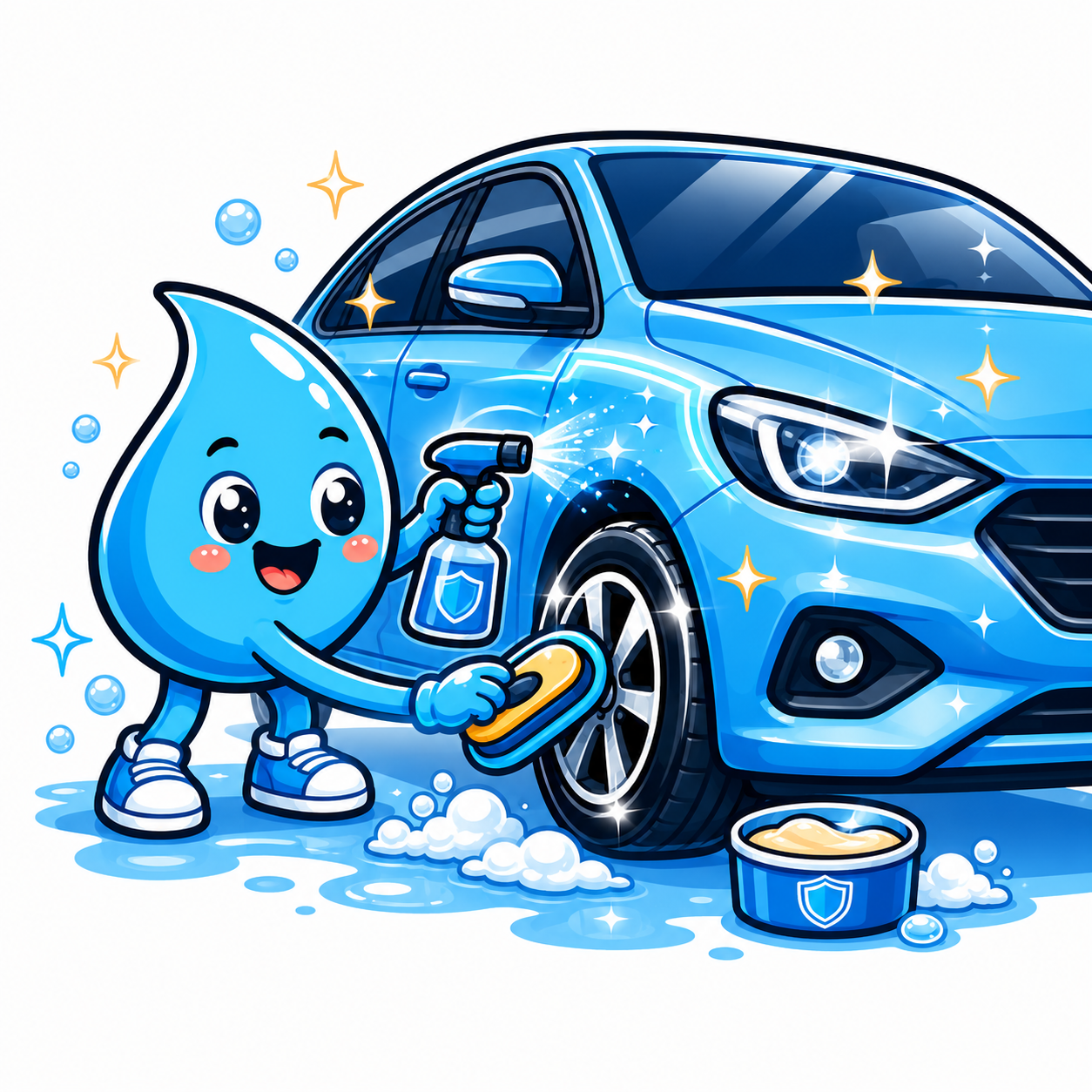Zippy Drip mascot applying spray sealant and tire shine to a clean car for vehicle protection in Las Vegas