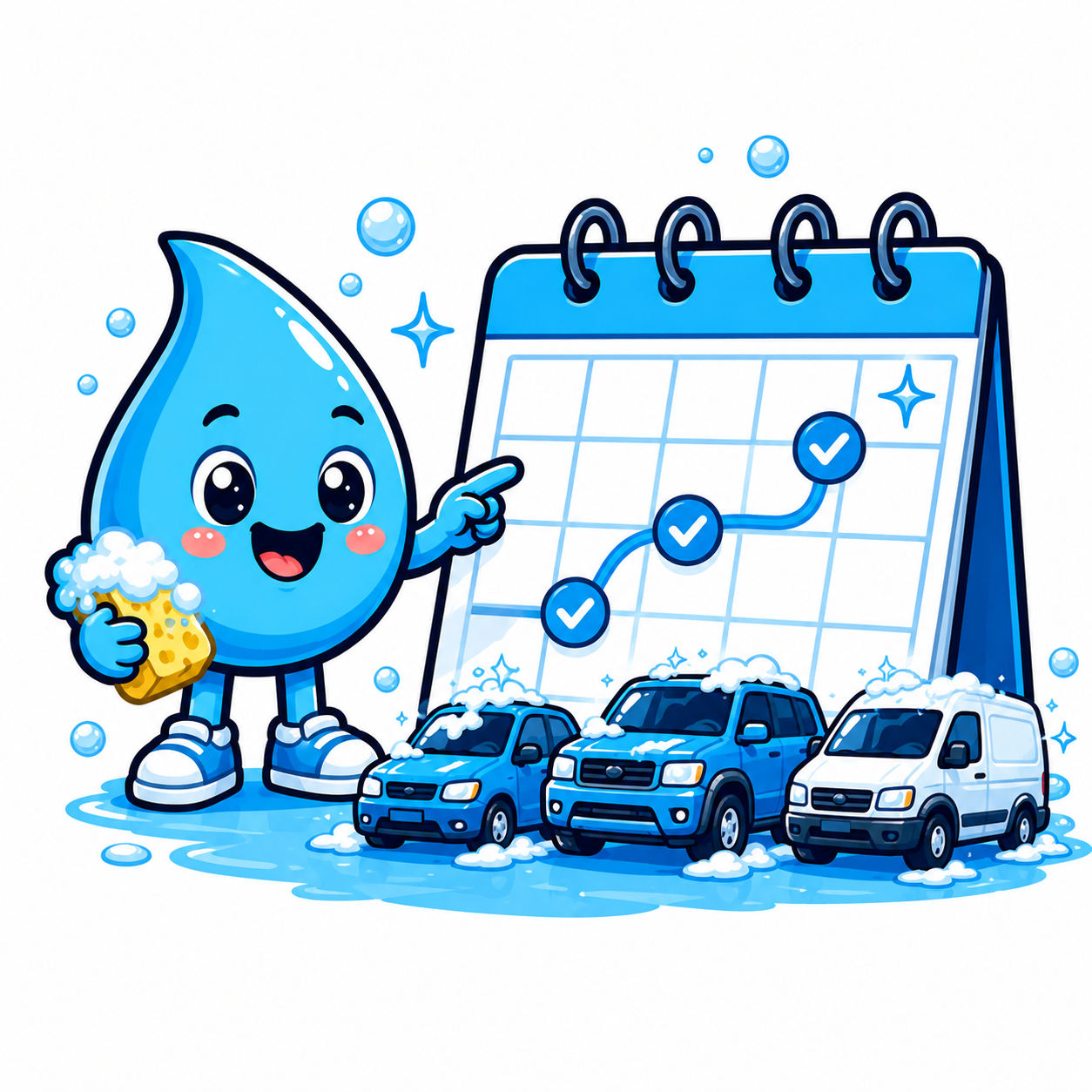 Zippy Drip mascot with clean car, SUV, and low-roof van showing recurring route wash service in Las Vegas