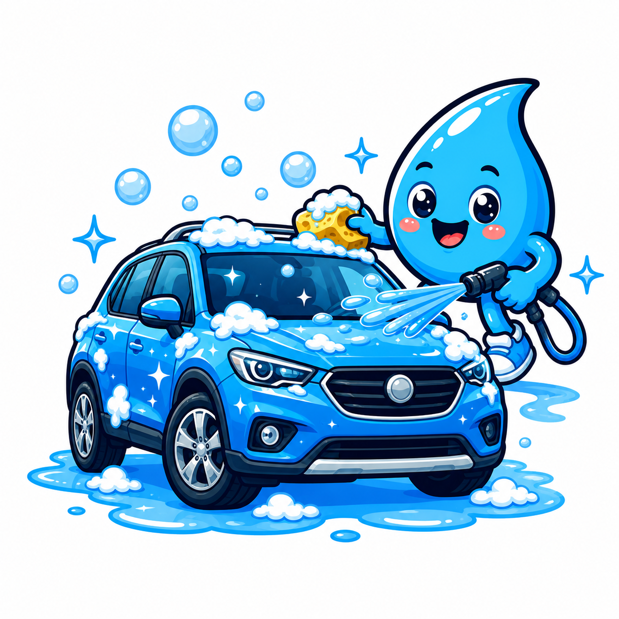 Zippy Drip mascot washing a family SUV with water splashes, white foam, and driveway service feel in Las Vegas