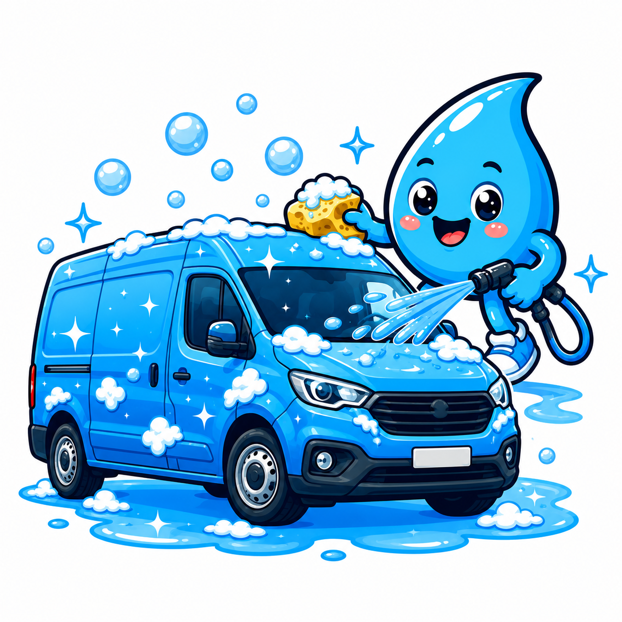 Zippy Drip mascot washing a low-roof van with water splashes, foam, and mobile service feel in Las Vegas