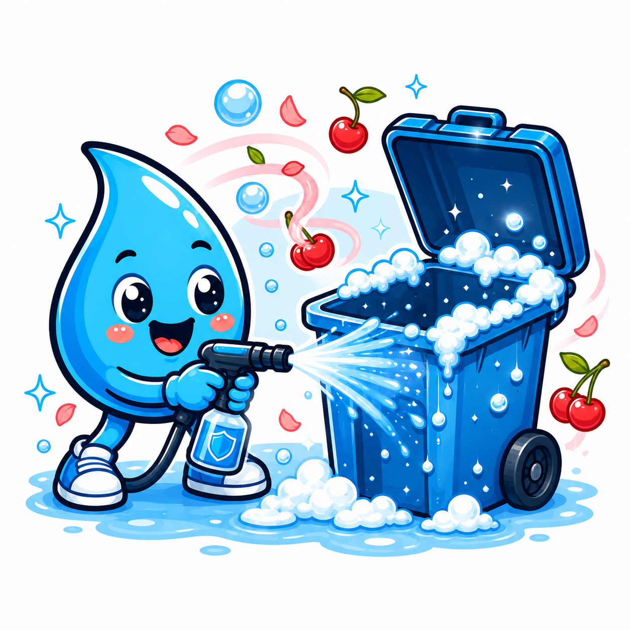 Zippy Drip mascot foam-cleaning one empty residential trash bin with bubbles and cherry scent in Las Vegas