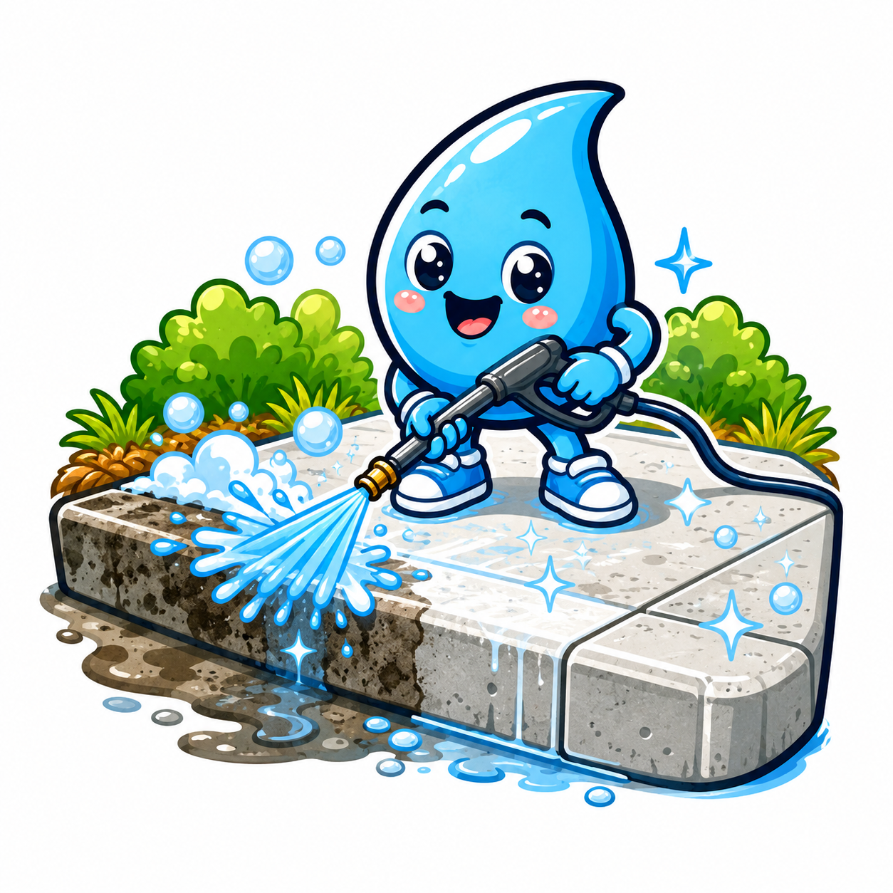 Zippy Drip mascot cleaning concrete walkway and driveway area with foam and water in Las Vegas