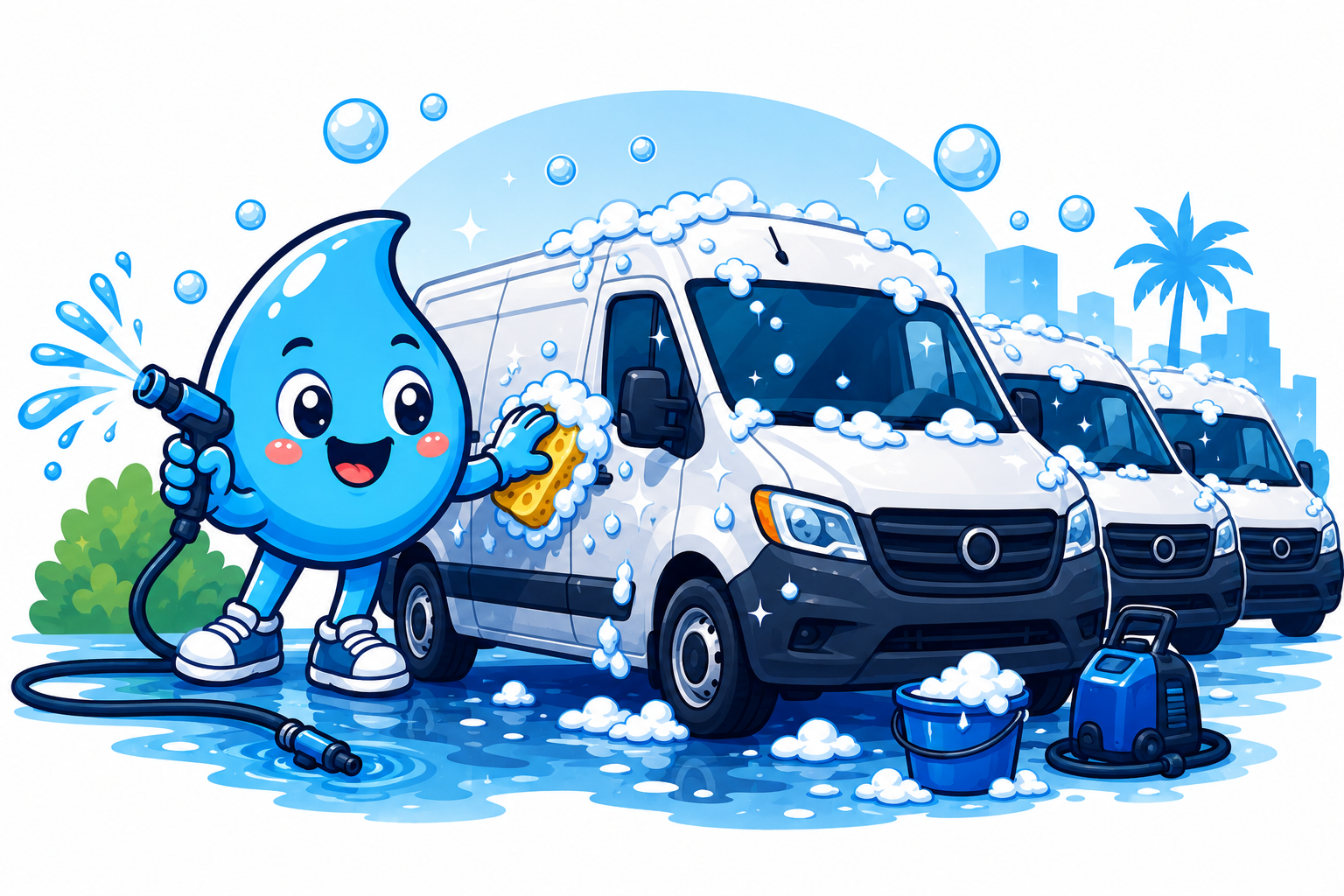 Zippy Drip mascot washing grouped work vans for Zippy Workday Drip business vehicle cleaning in Las Vegas