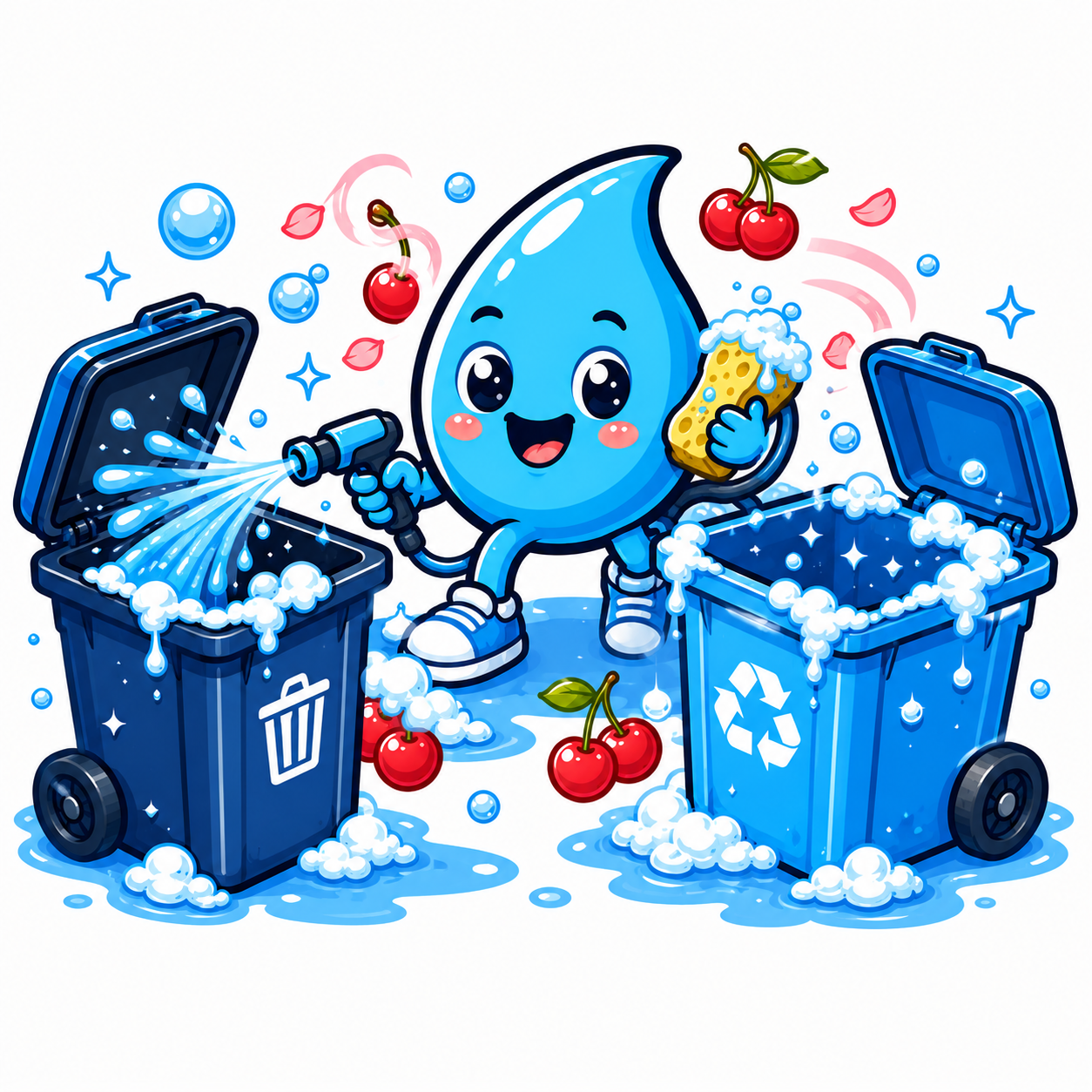 Zippy Drip mascot foam-cleaning two empty residential trash and recycling bins with bubbles in Las Vegas