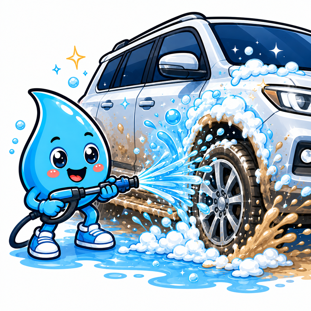 Zippy Drip mascot cleaning dusty SUV wheel wells and lower panels with foam and water spray in Las Vegas
