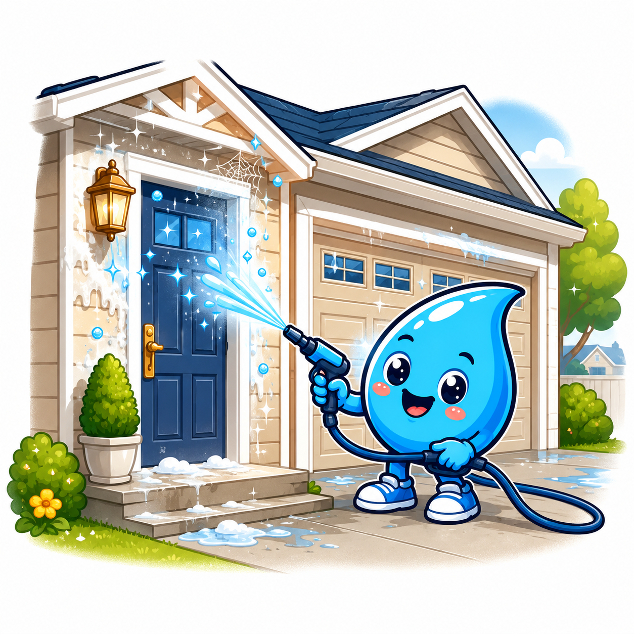 Zippy Drip mascot cleaning home entry walkway and small exterior area in Las Vegas