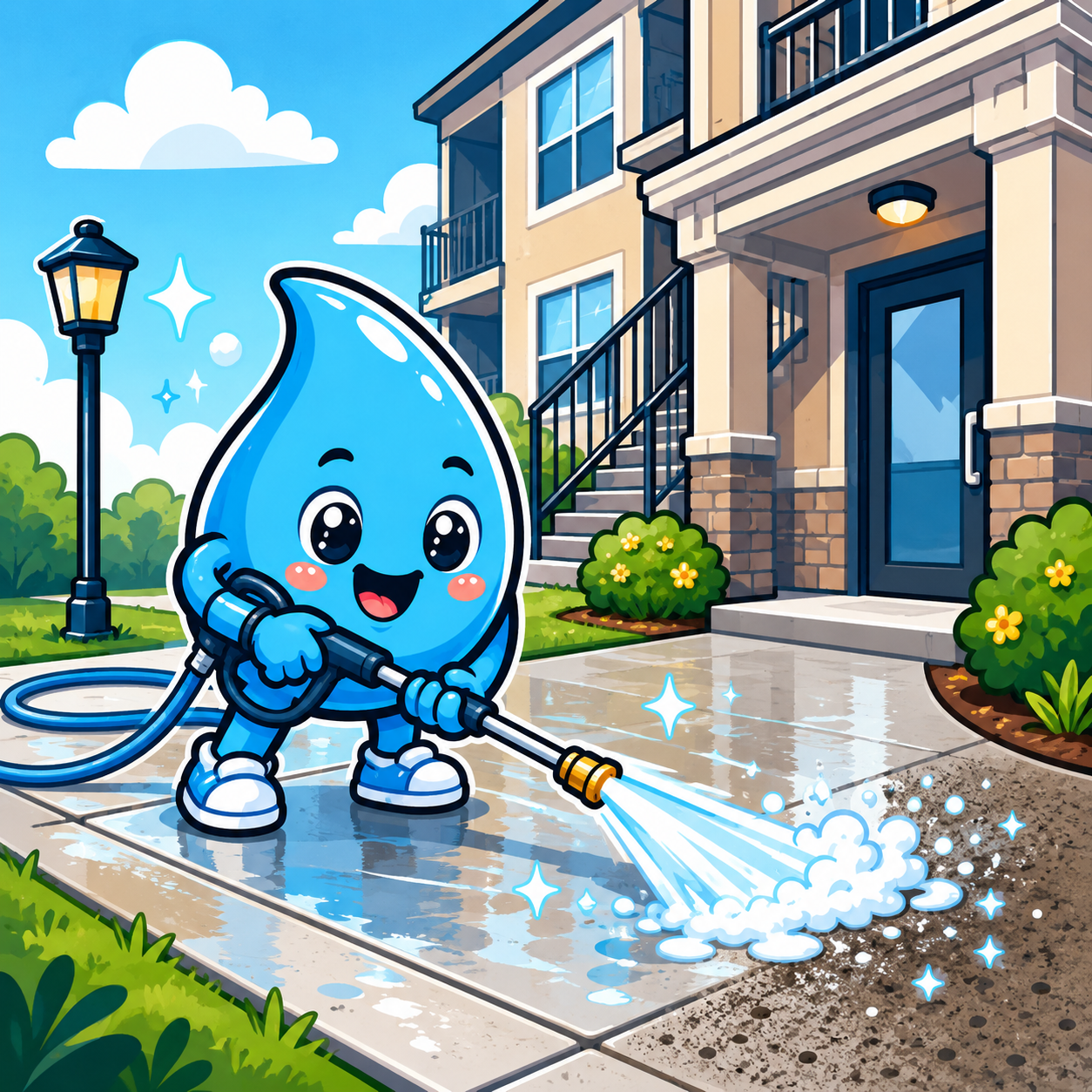 Zippy Drip mascot cleaning apartment walkway for property management exterior cleaning in Las Vegas
