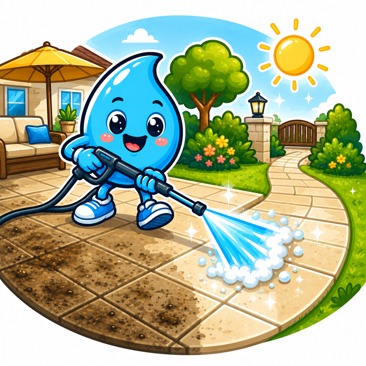 Zippy Drip mascot cleaning a residential patio and walkway with foam and water in Las Vegas