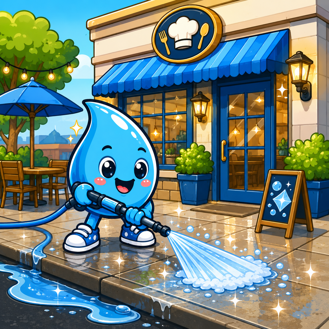 Zippy Drip mascot cleaning restaurant patio and storefront entry for exterior cleaning in Las Vegas