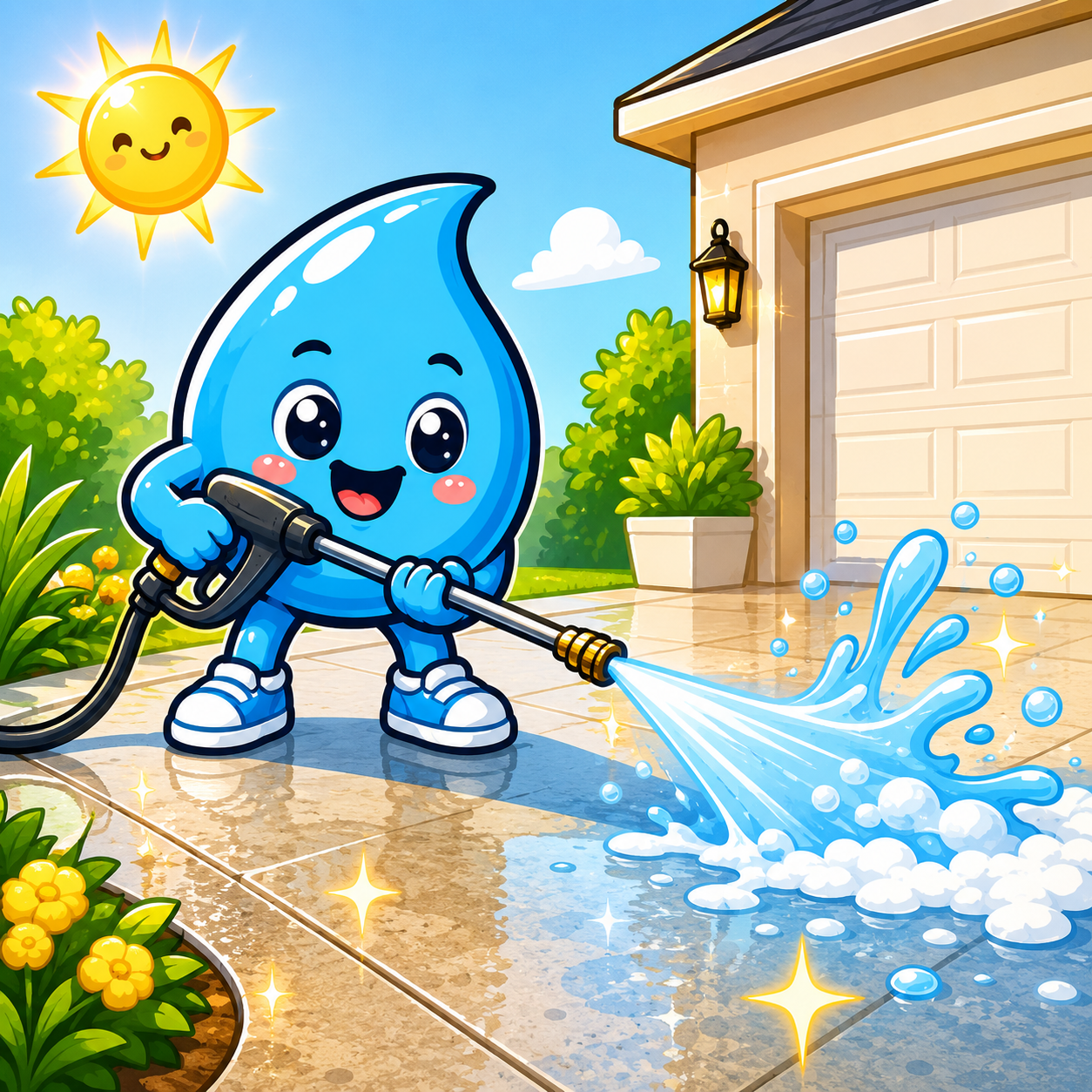 Zippy Drip mascot pressure washing driveway and exterior concrete with foam and water in Las Vegas