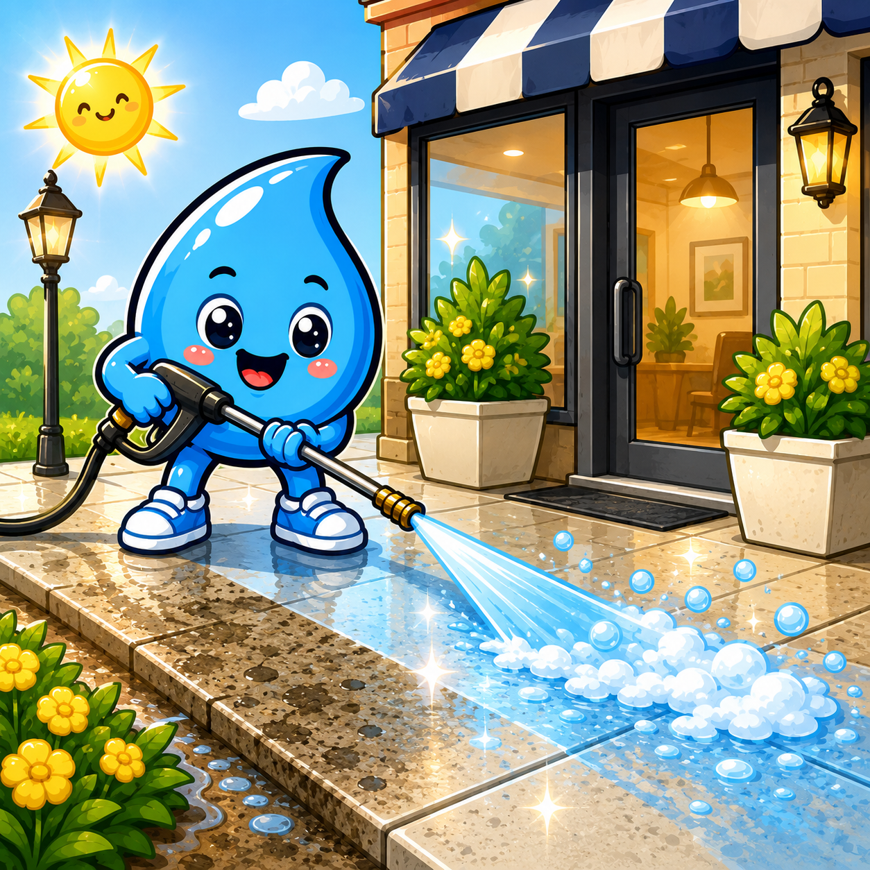 Zippy Drip mascot cleaning commercial sidewalk and storefront entry for exterior service in Las Vegas