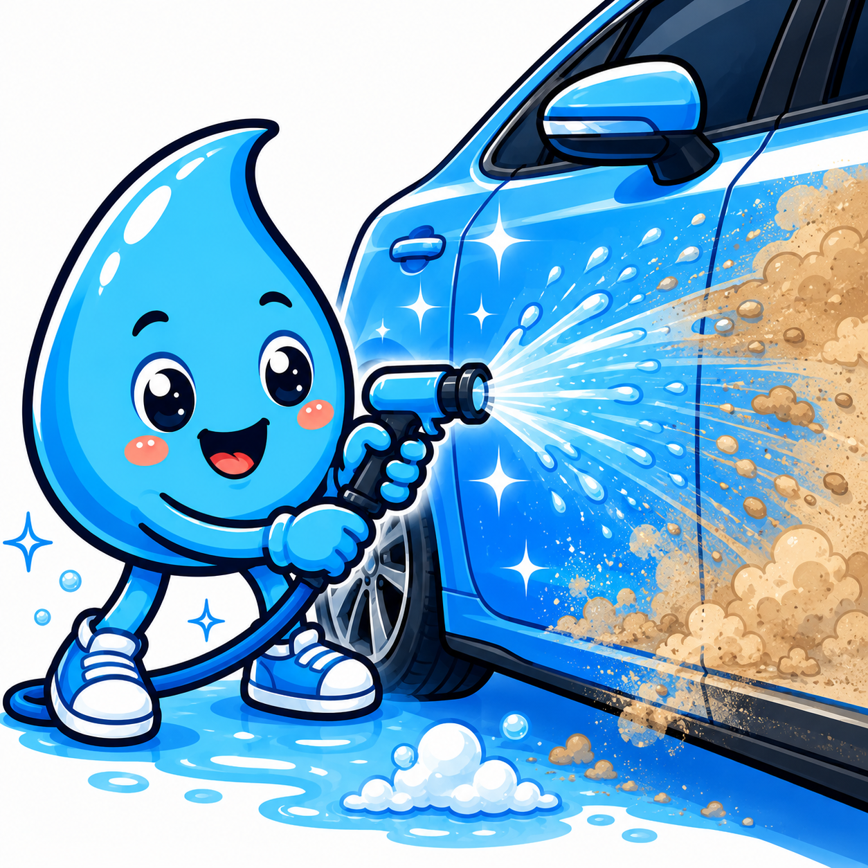 Zippy Drip mascot rinsing light desert dust from a car panel with water splashes and foam in Las Vegas