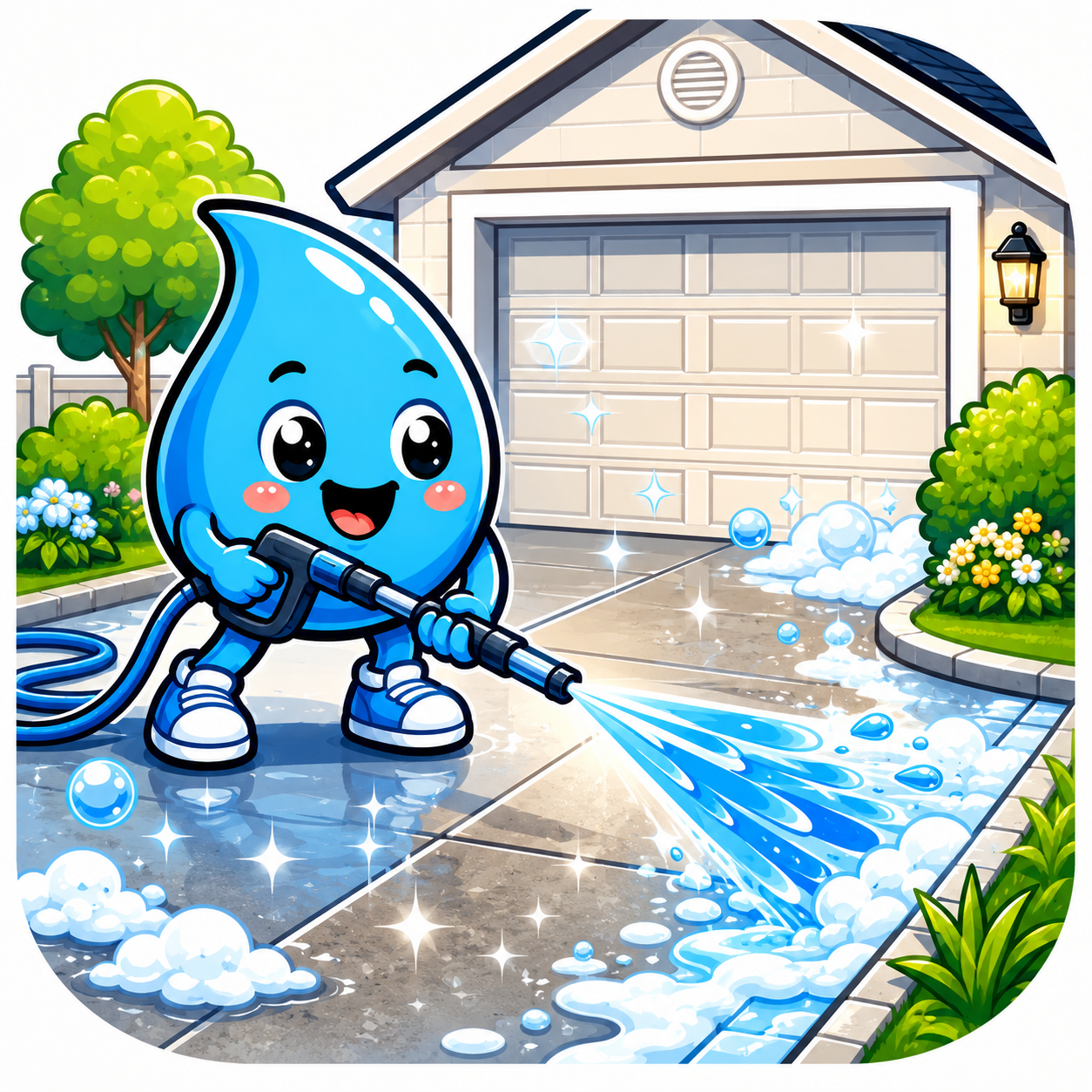 Zippy Drip mascot cleaning a residential driveway with foam and water in Las Vegas
