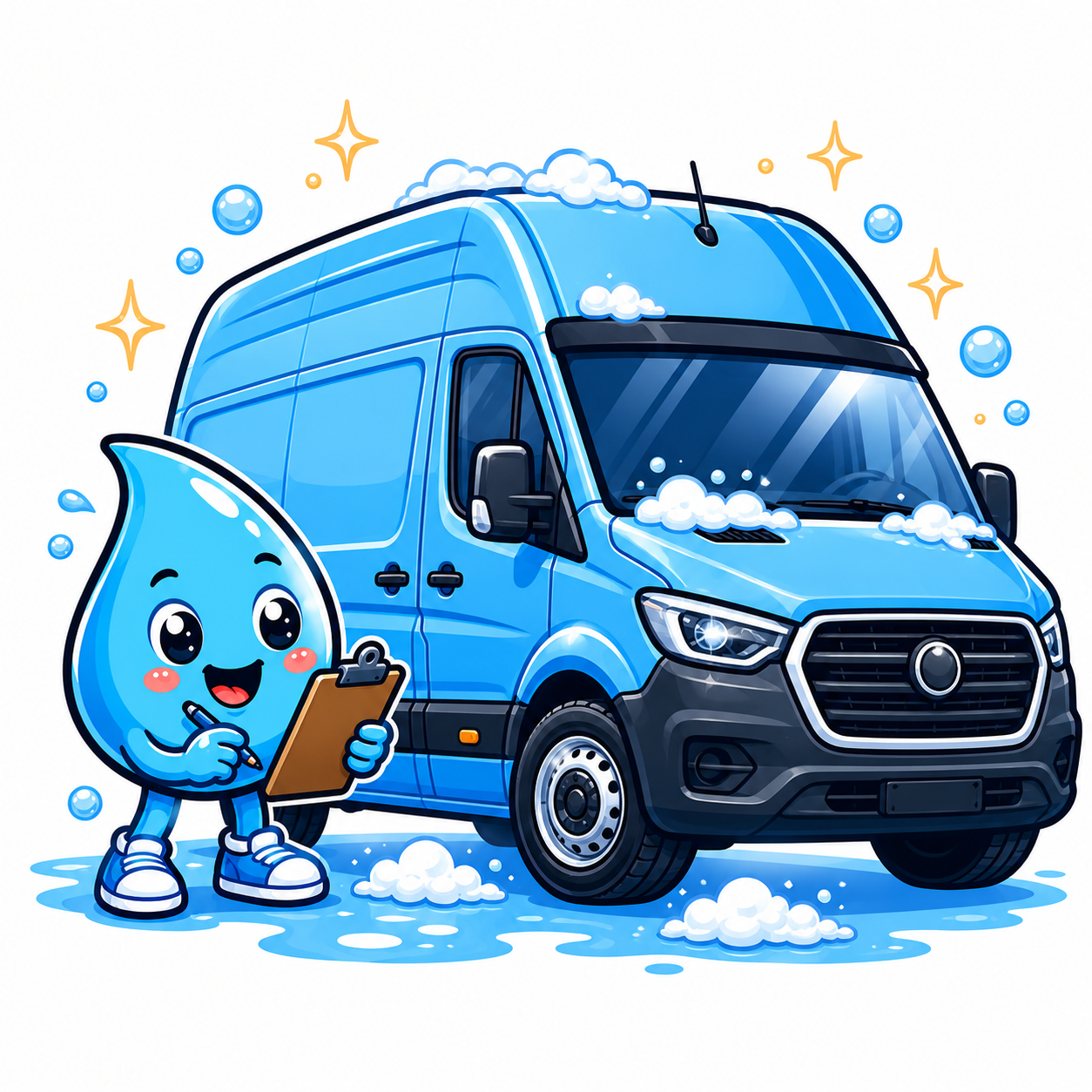 Zippy Drip mascot reviewing a large van for Big Drip custom vehicle cleaning quote in Las Vegas