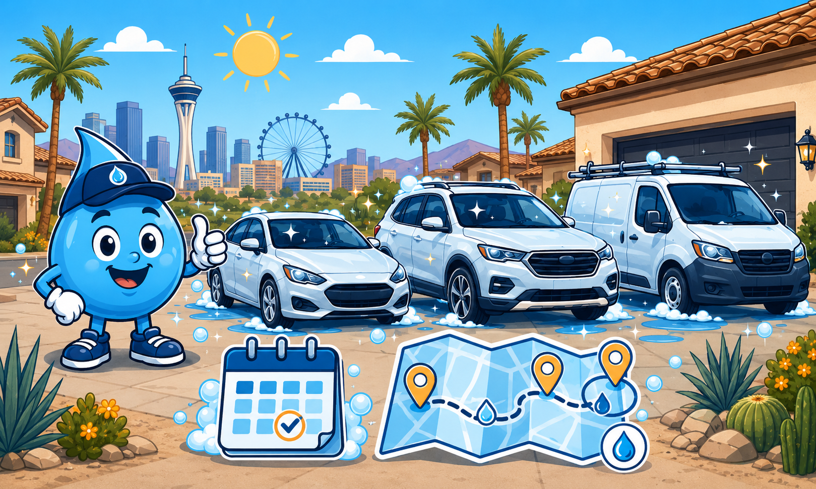 Zippy Drip mascot with car, SUV and low-roof van for recurring mobile wash club guide.