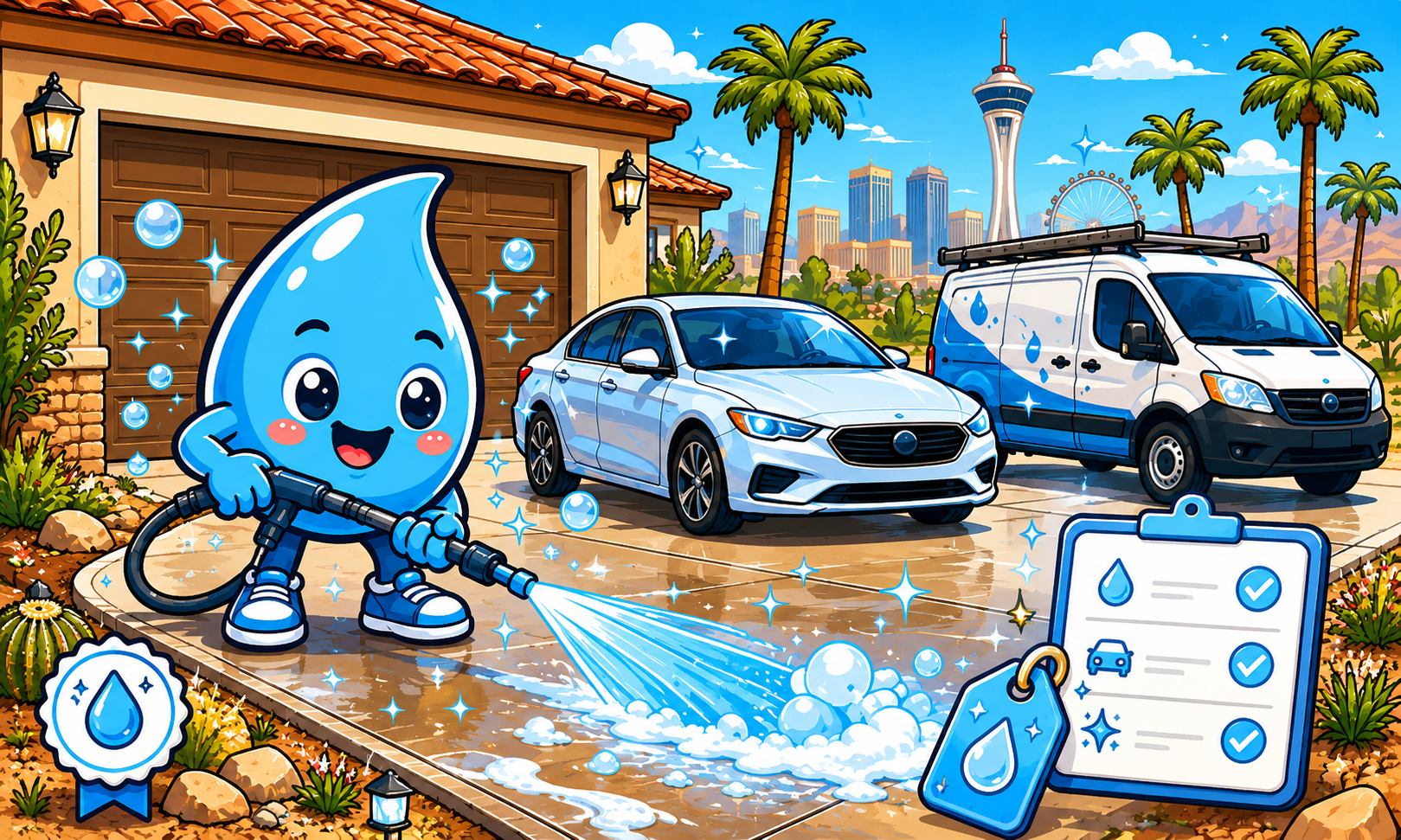 Zippy Drip mascot cleaning a Las Vegas driveway beside a car and low-roof van.